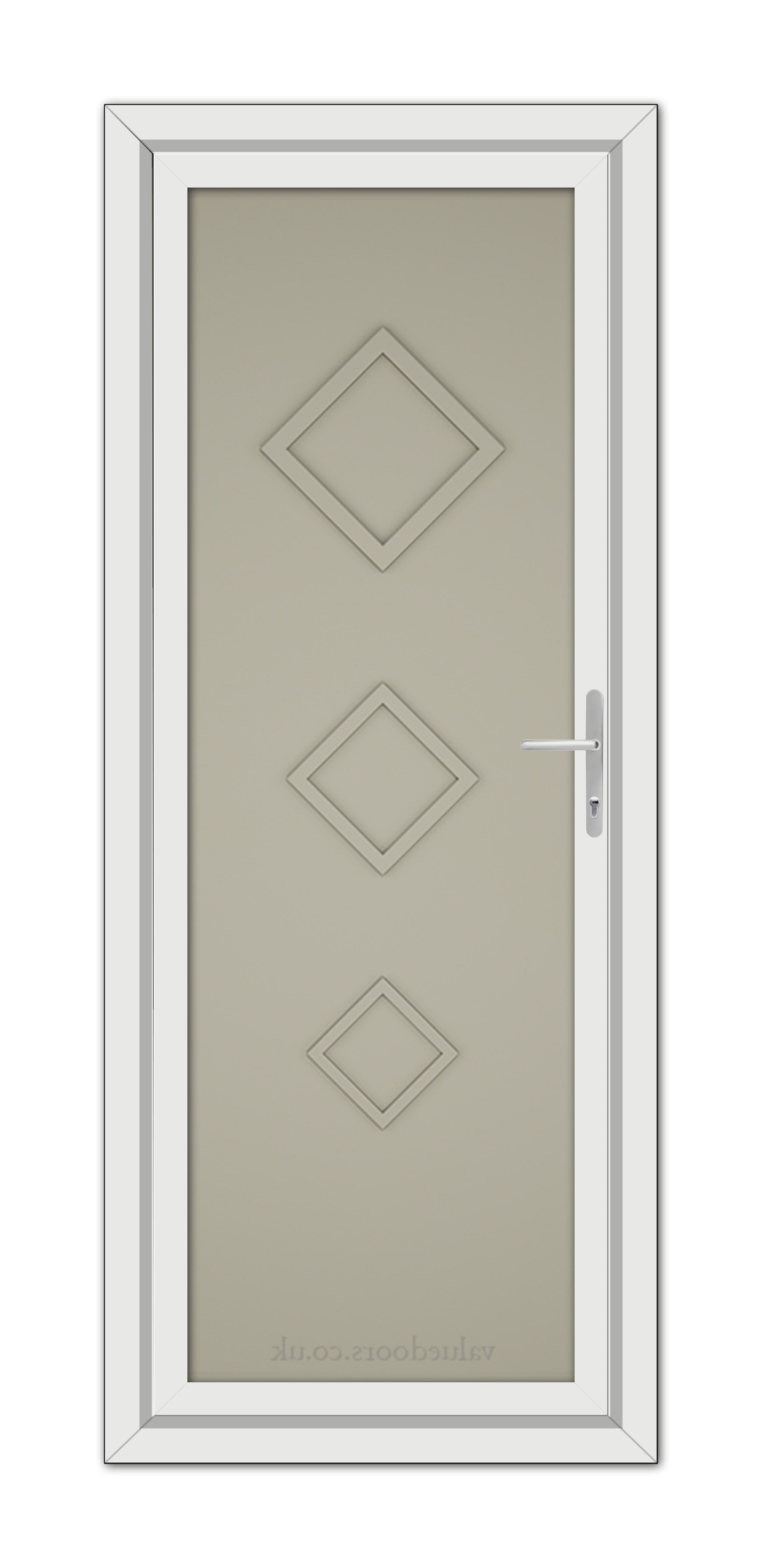 A Pebble Grey Modern 5123 Solid uPVC Door with three diamond-shaped panels and a silver handle, installed in a white frame.