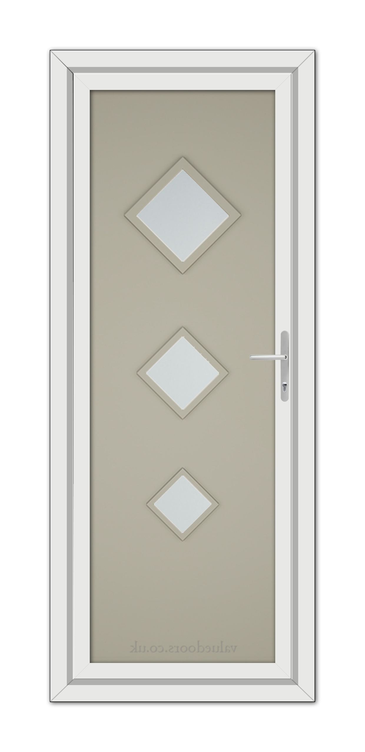 A Pebble Grey Modern 5123 uPVC door with three diamond-shaped glass panels and a white door handle, set in a white frame.