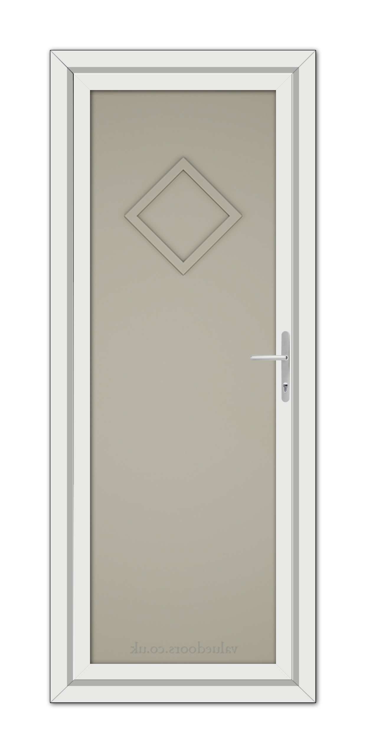 A Pebble Grey Modern 5131 Solid uPVC Door with a frosted glass panel featuring a diamond-shaped design and a white frame, equipped with a silver handle on the right side.