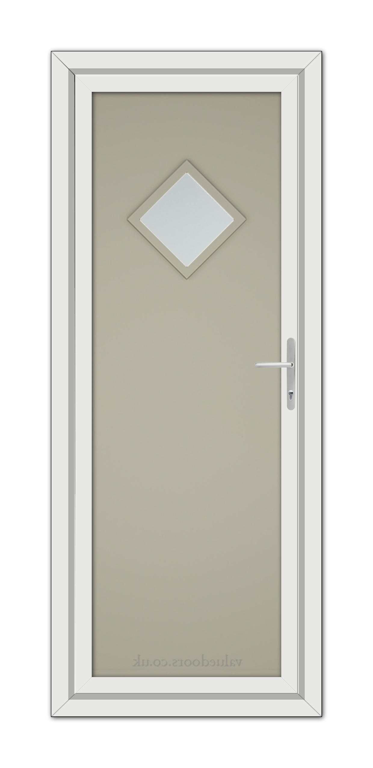 Pebble Grey Modern 5131 uPVC Door with a diamond-shaped window and a metallic handle, set against a plain background.