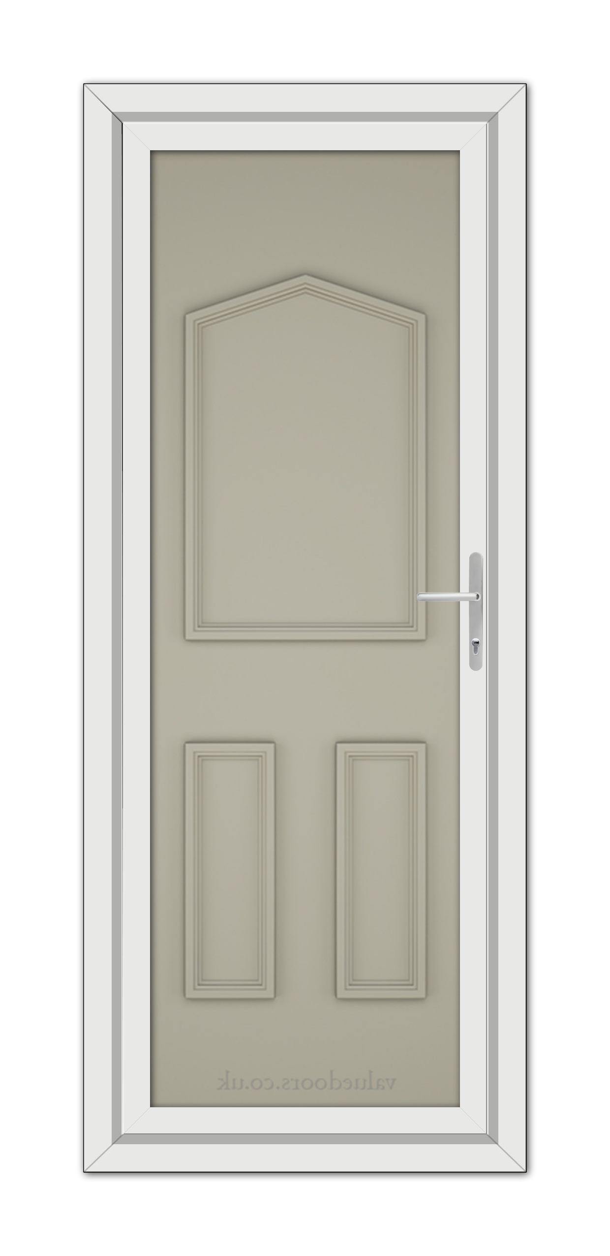 A vertical image of a closed, modern pebble grey Oxford solid uPVC door with a metallic handle, set within a white frame.