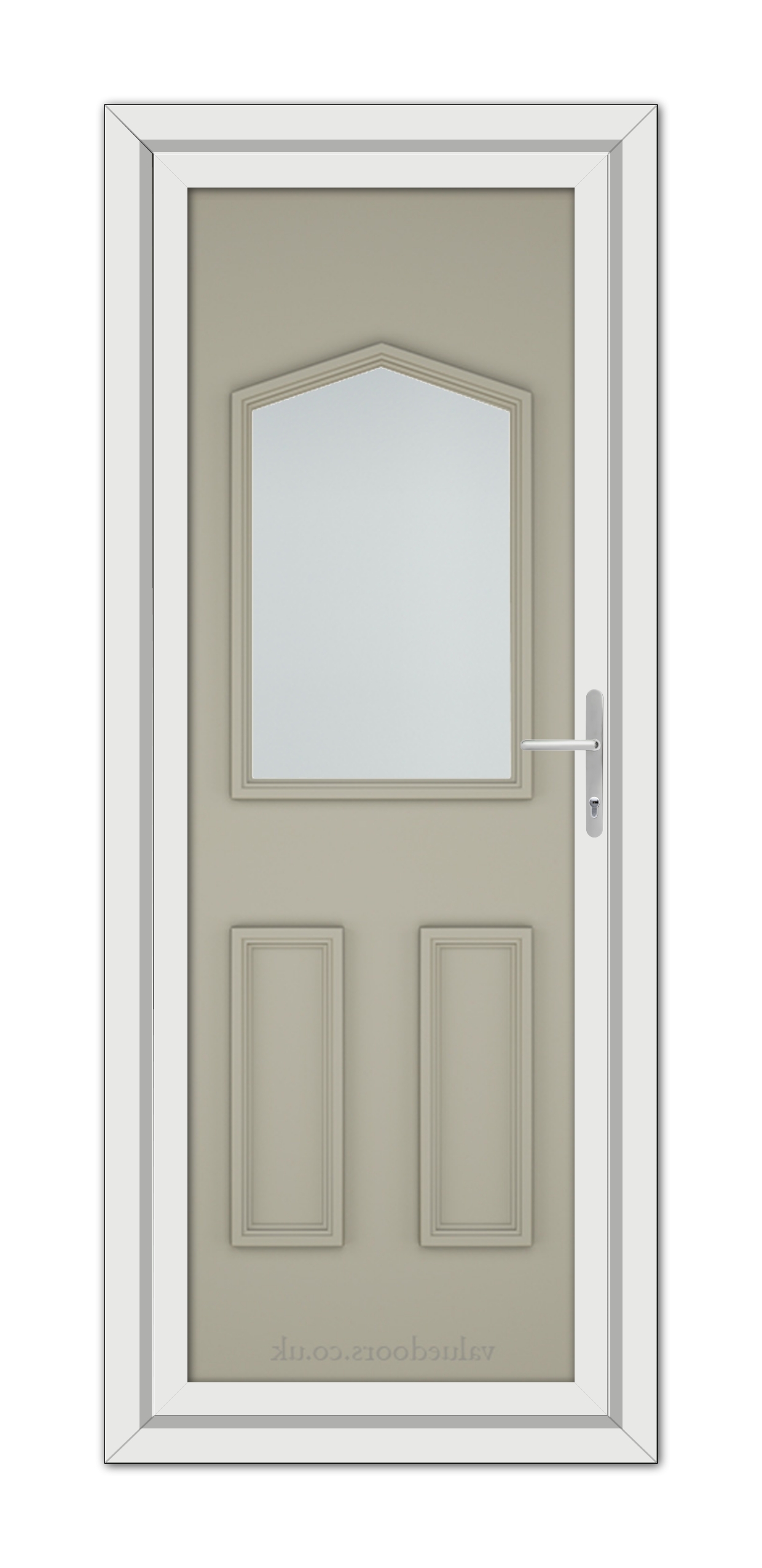 A vertical image showing a Pebble Grey Oxford uPVC Door featuring a top arch window, two recessed panels, and a metal handle on the right.
