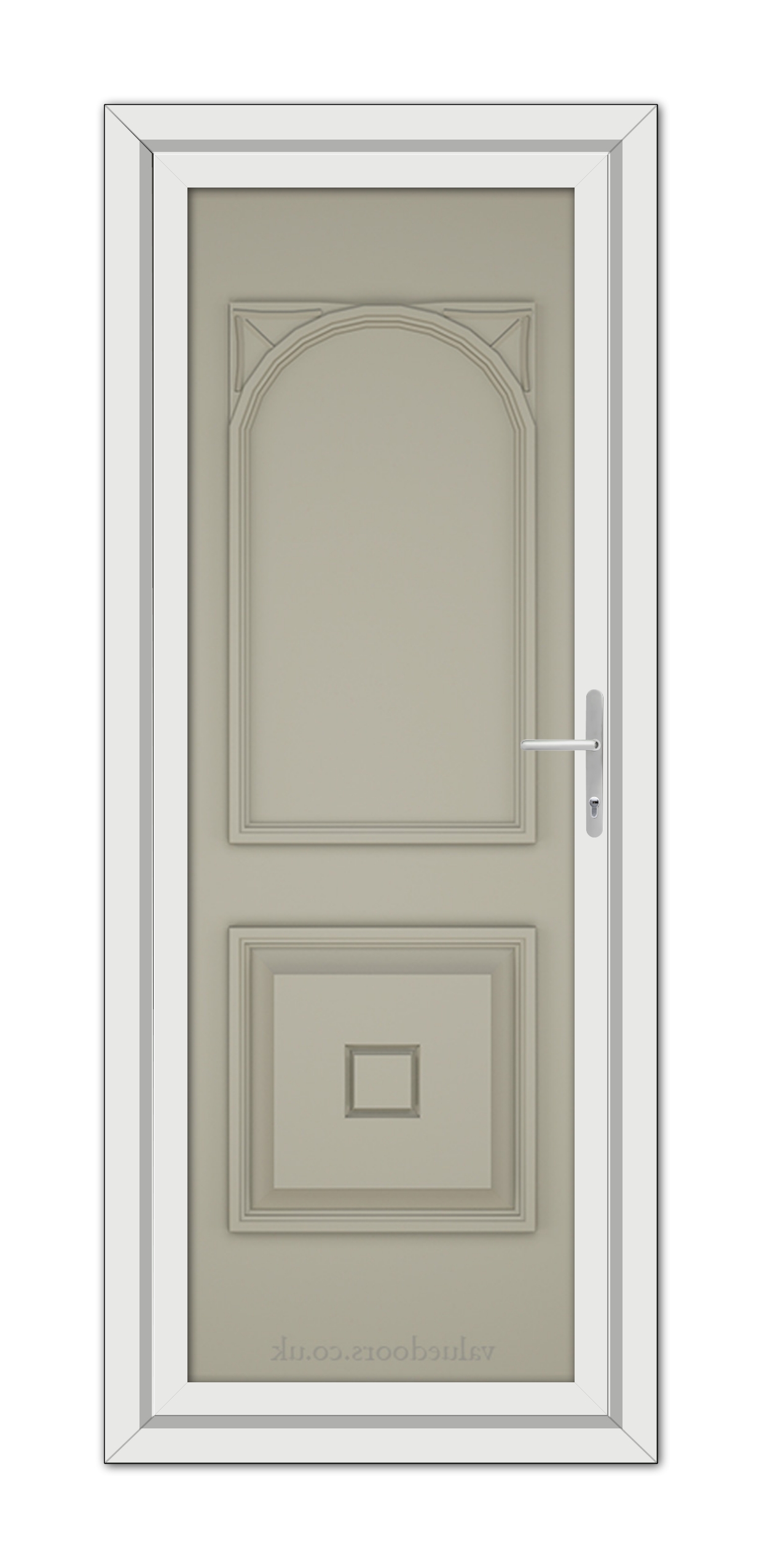 The Pebble Grey Reims Solid uPVC Door is an upright, closed, single-panel door with an arched top and a small rectangular relief at the bottom, set in a white frame with a modern handle on the right.