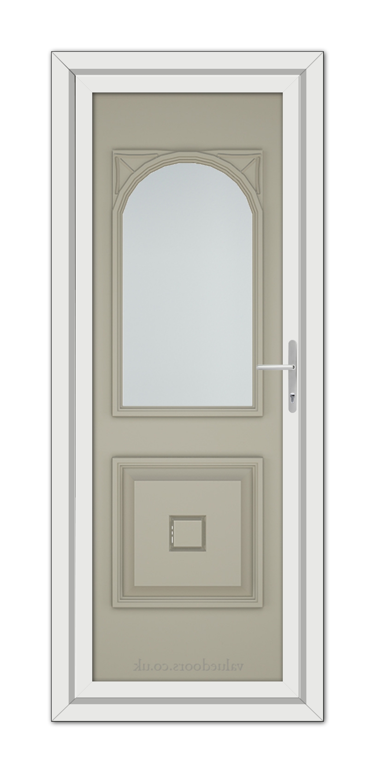 A vertical image of a closed Pebble Grey Reims uPVC Door in white with an arched mirror and a silver handle.