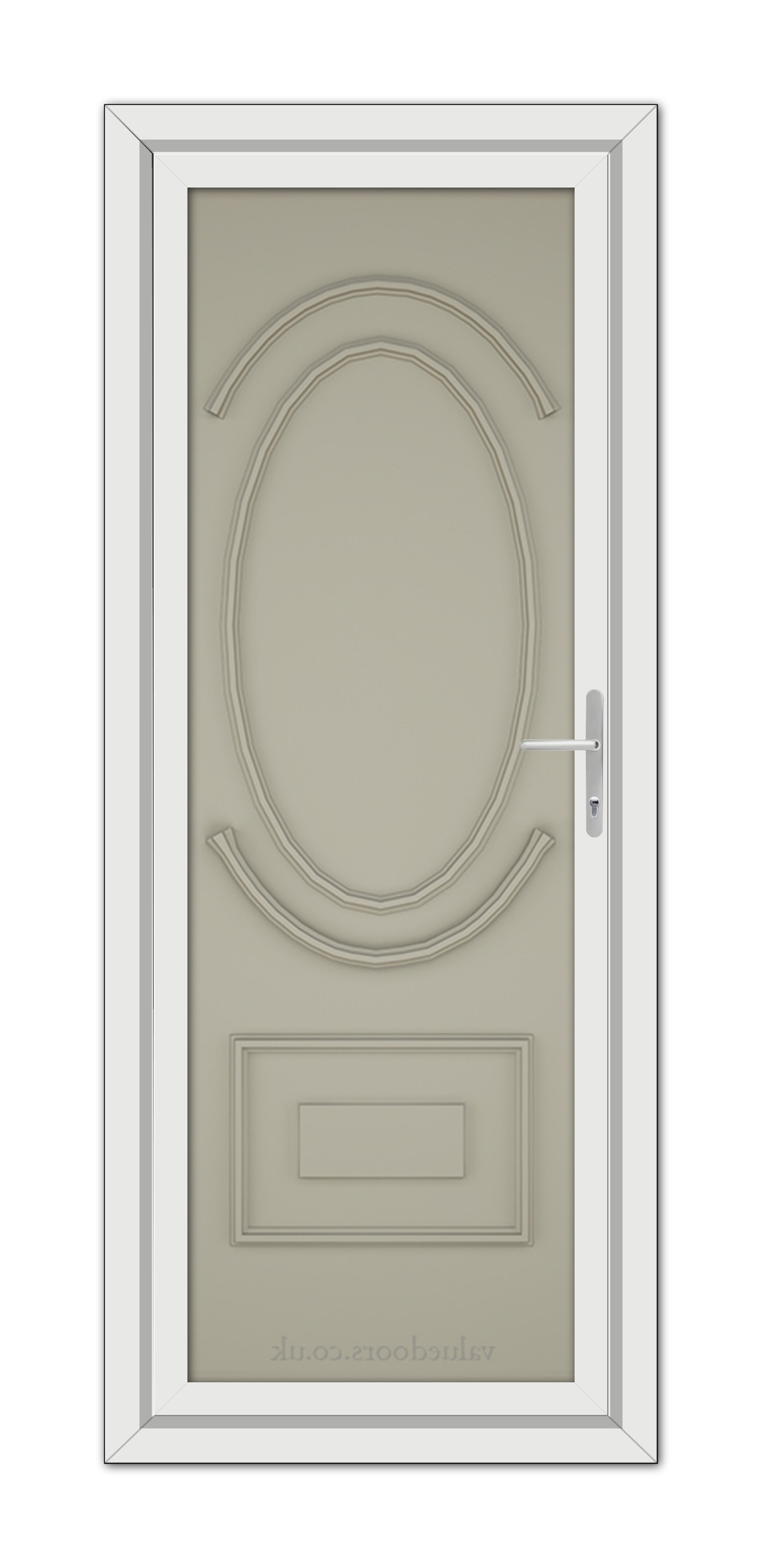 Front view of a closed, modern, Pebble Grey Richmond Solid uPVC door with an oval glass panel at the top and a metal handle on the right side.
