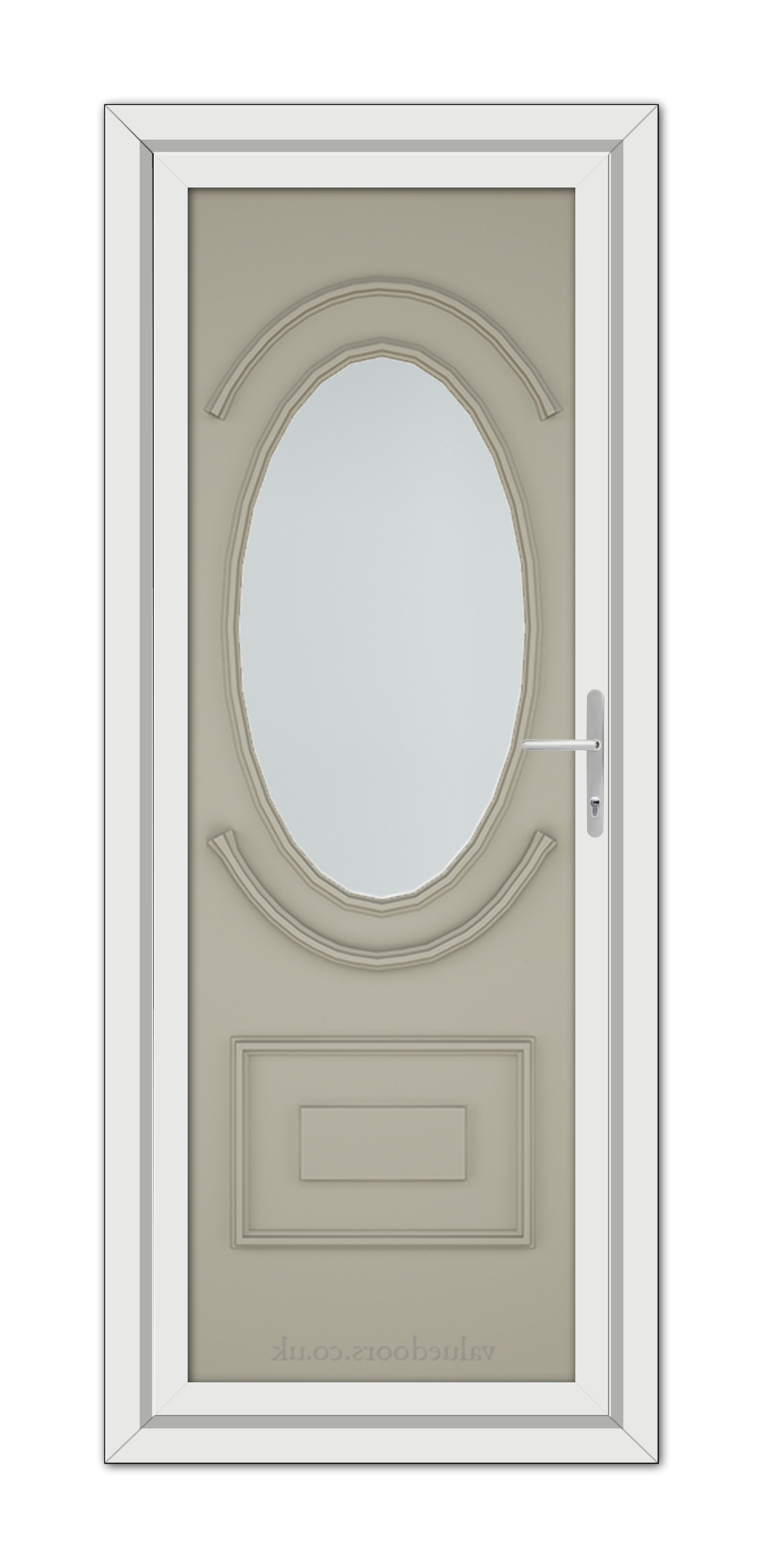 A vertical image of a closed Pebble Grey Richmond uPVC Door with an oval-shaped window and a metallic handle, set within a white frame.
