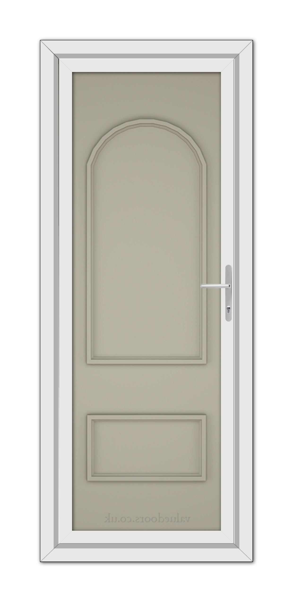 Vertical image of a closed, single Pebble Grey Rockingham Solid uPVC Door with a rectangular frame and an arched upper panel featuring a metallic handle on the right side.