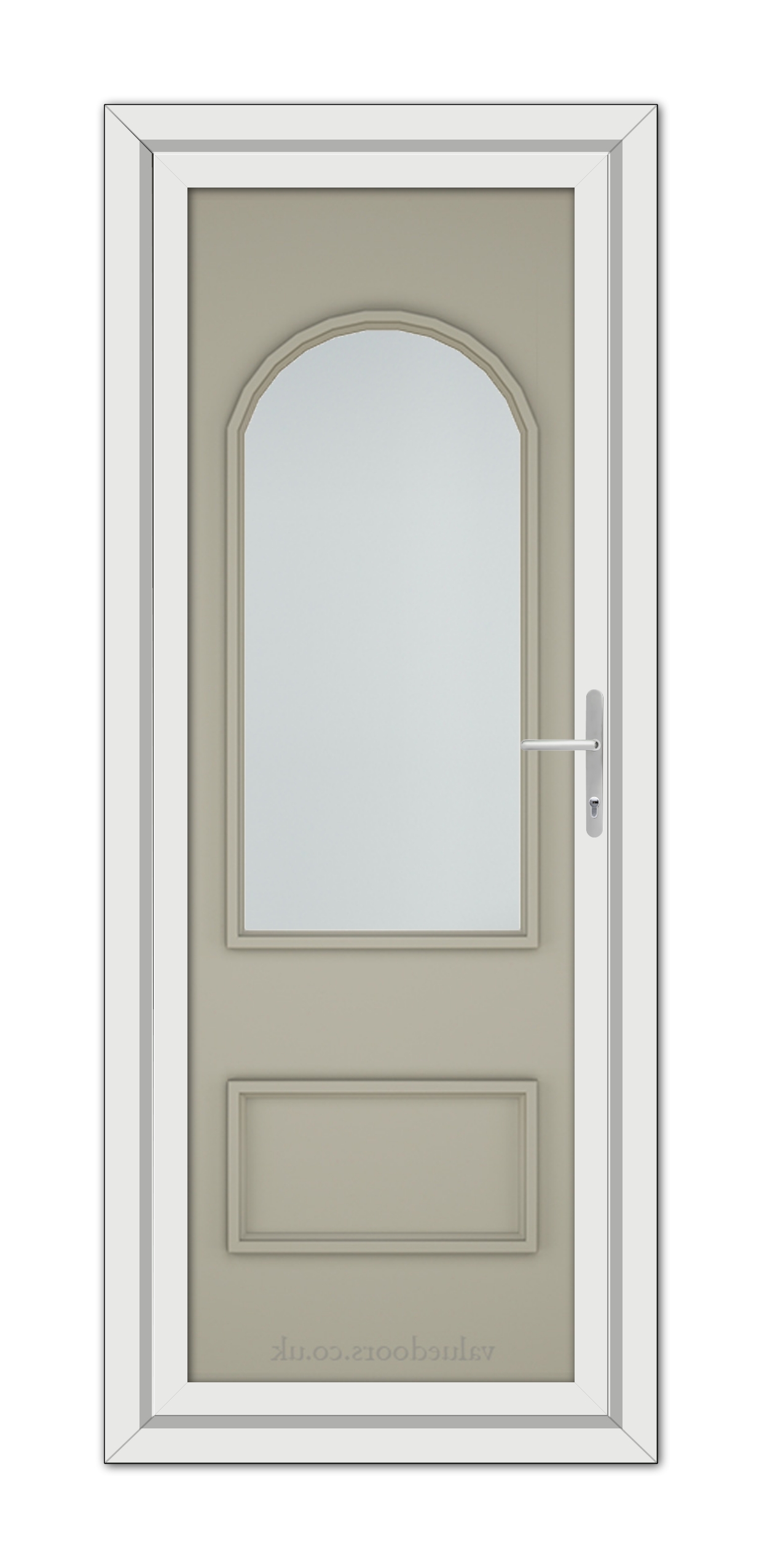 A modern Pebble Grey Rockingham uPVC door with a vertical oval glass panel and a chrome handle, set within a white frame.