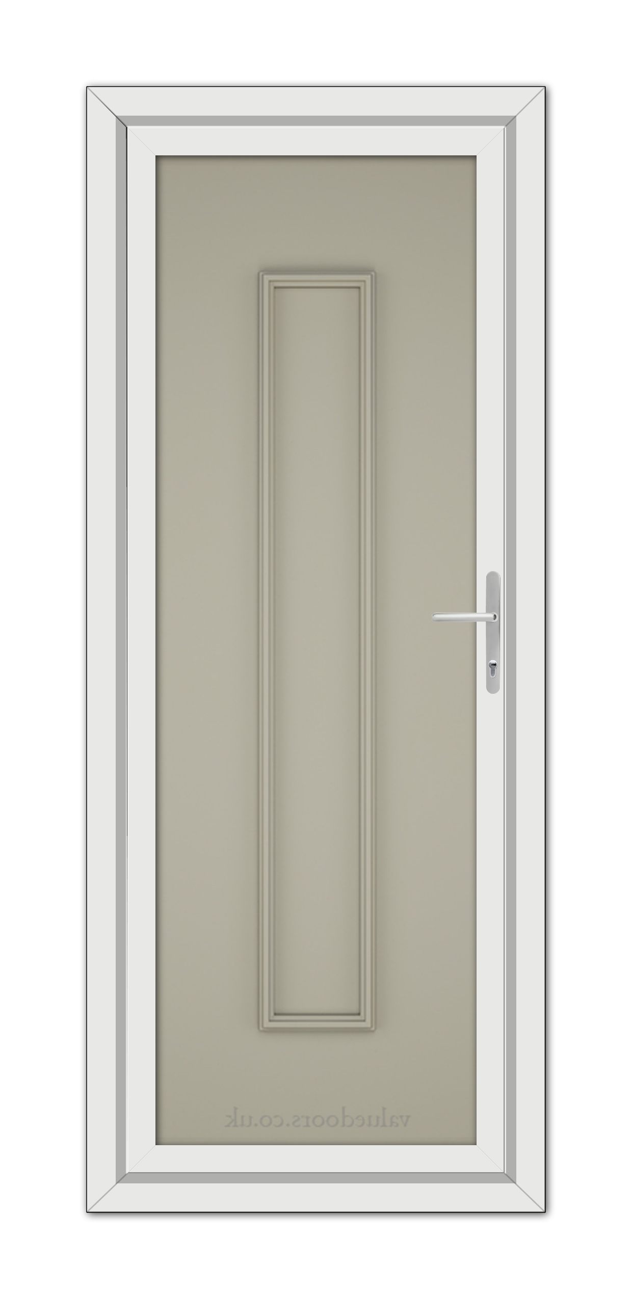 A vertical image depicting a modern, closed, Pebble Grey Rome Solid uPVC Door with a silver handle, set within a white frame.