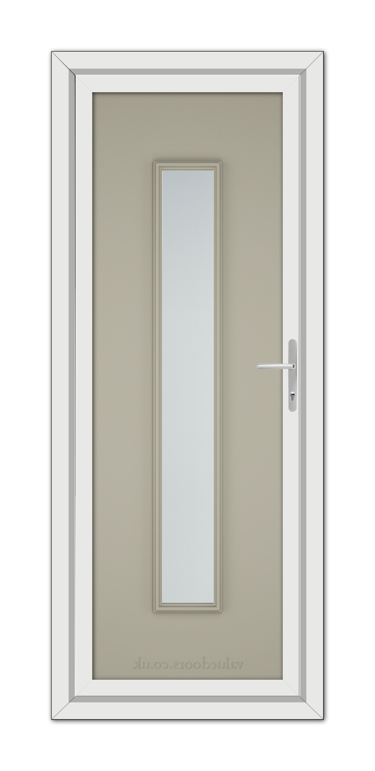 A modern Pebble Grey Rome uPVC Door with a vertical, narrow glass pane and a metallic handle, isolated on a white background.