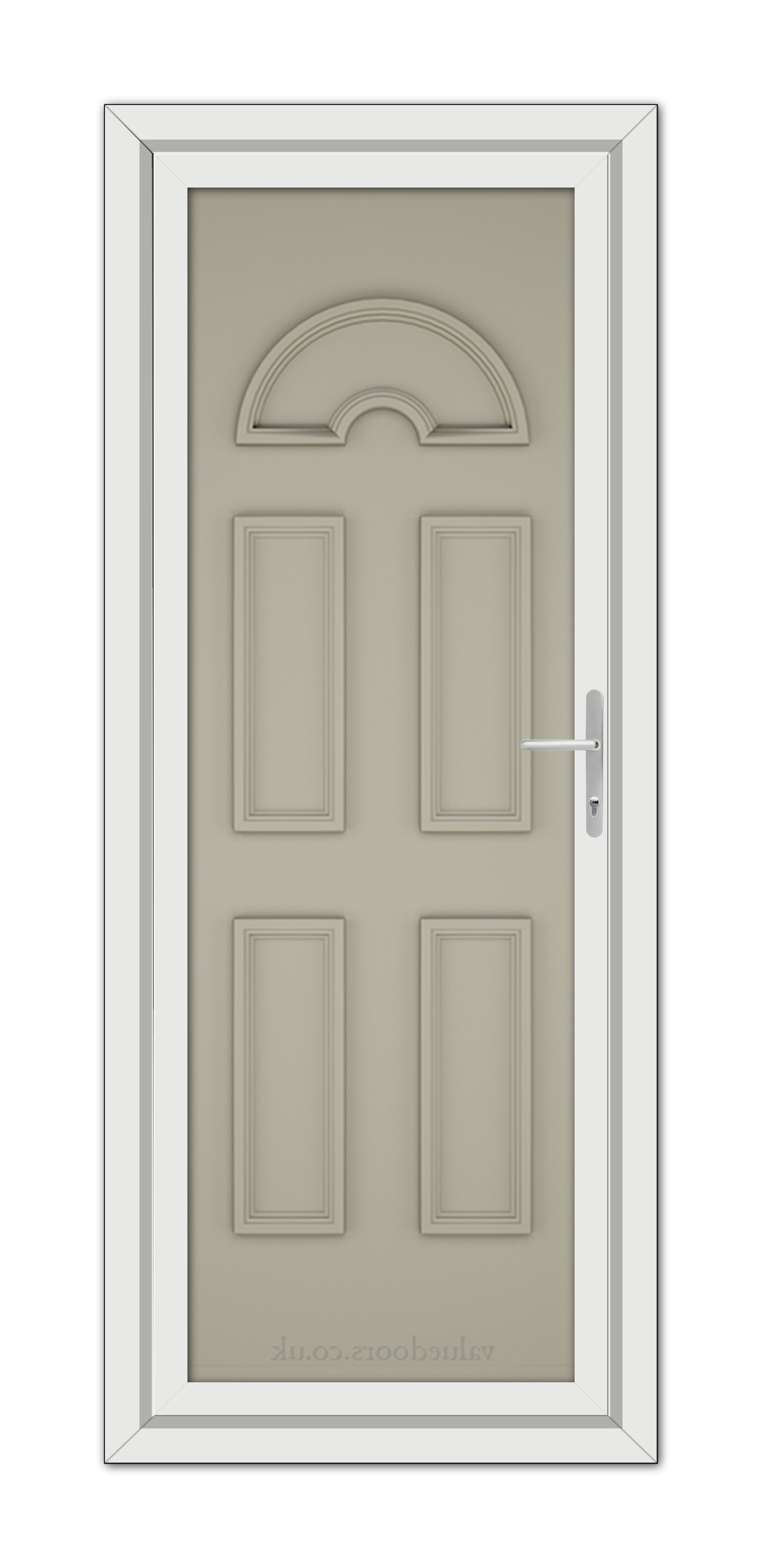 A Pebble Grey Sandringham Solid uPVC Door with six panels and a semicircular translucent window at the top, framed in white with a modern handle on the right.
