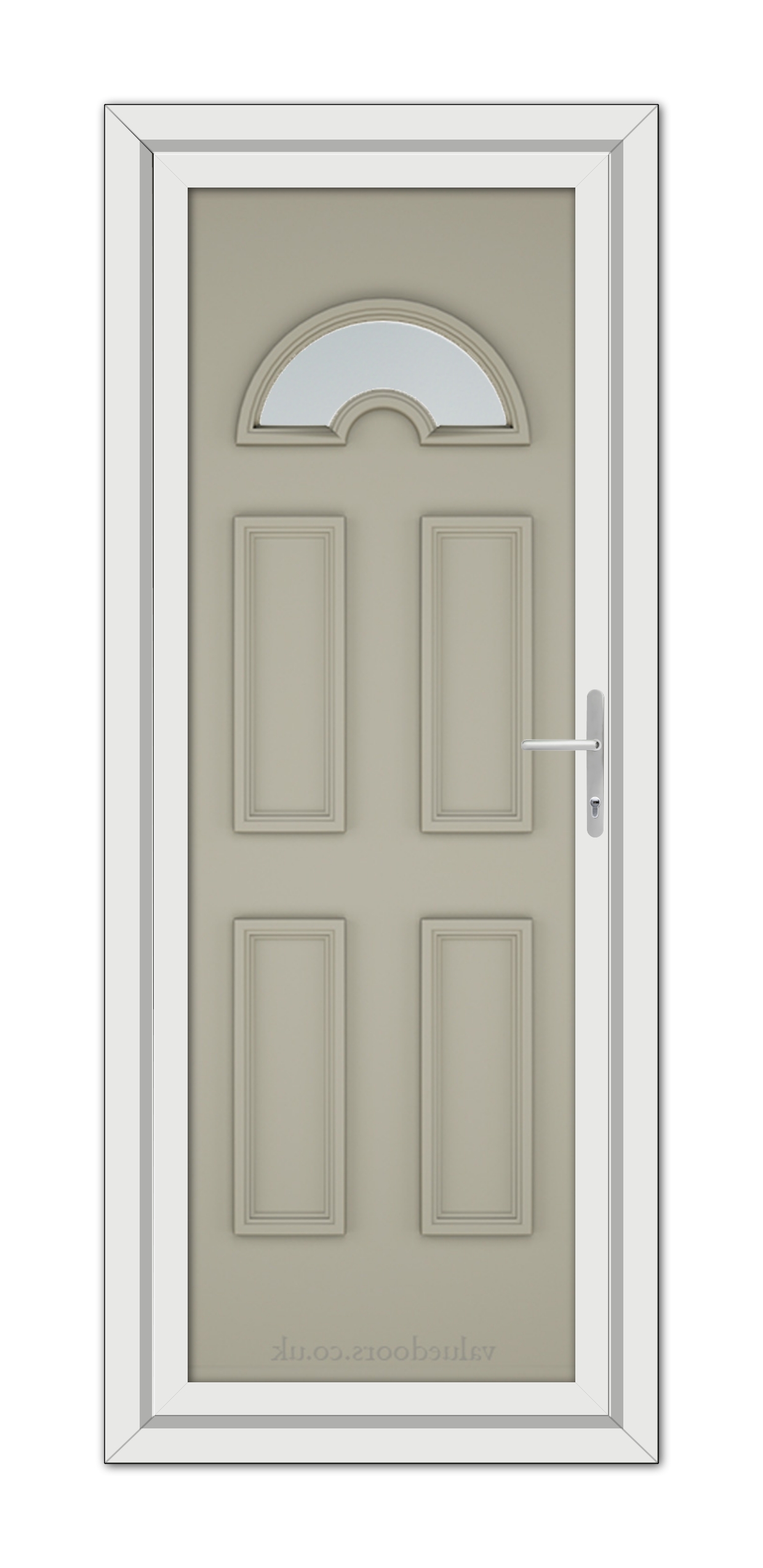 A modern Pebble Grey Sandringham uPVC door featuring a silver handle and a semicircular frosted glass window at the top, framed within a white doorframe.