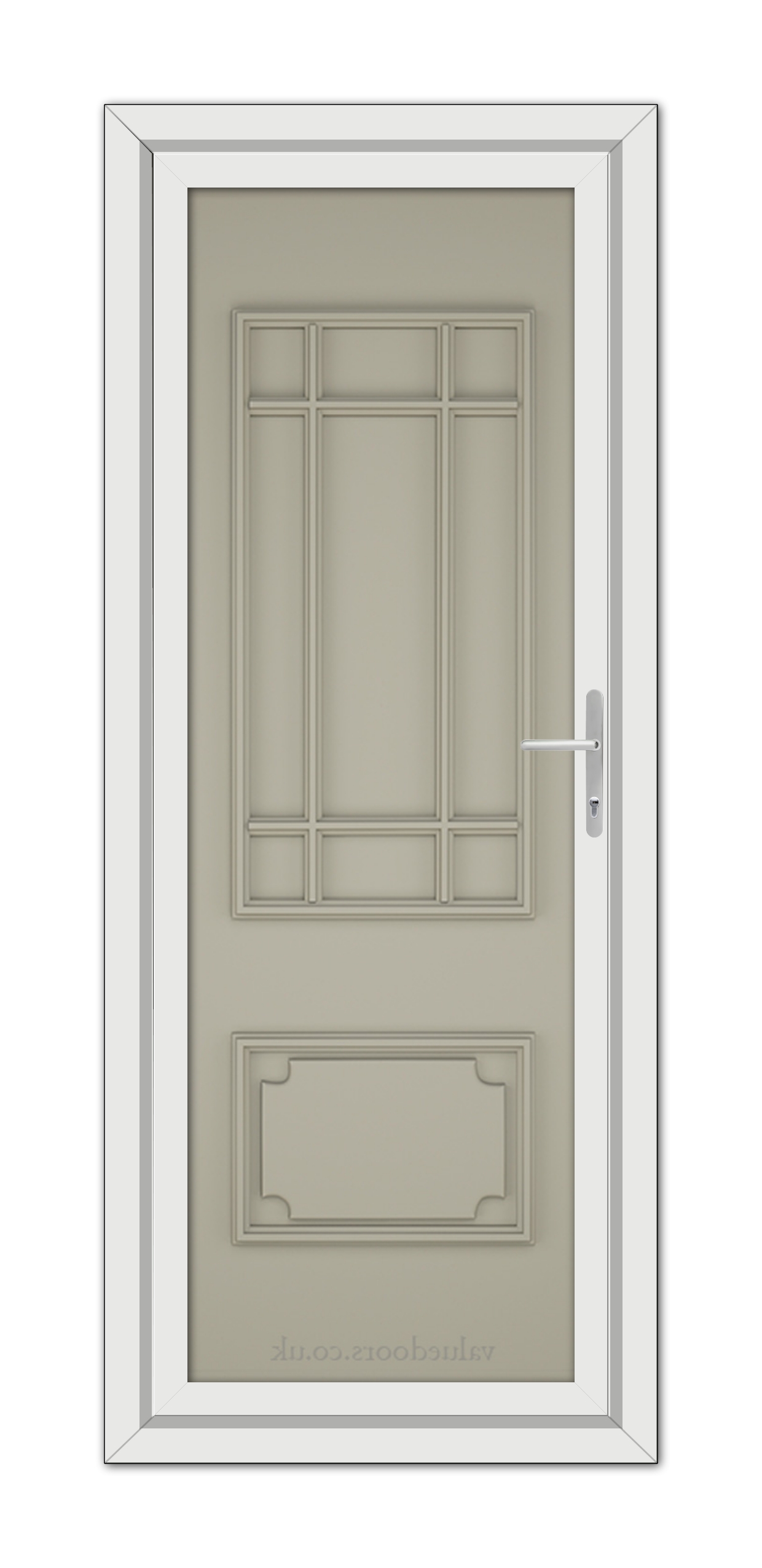 A modern Pebble Grey Seville Solid uPVC door with a rectangular window and a minimalist metal handle, set within a white frame.