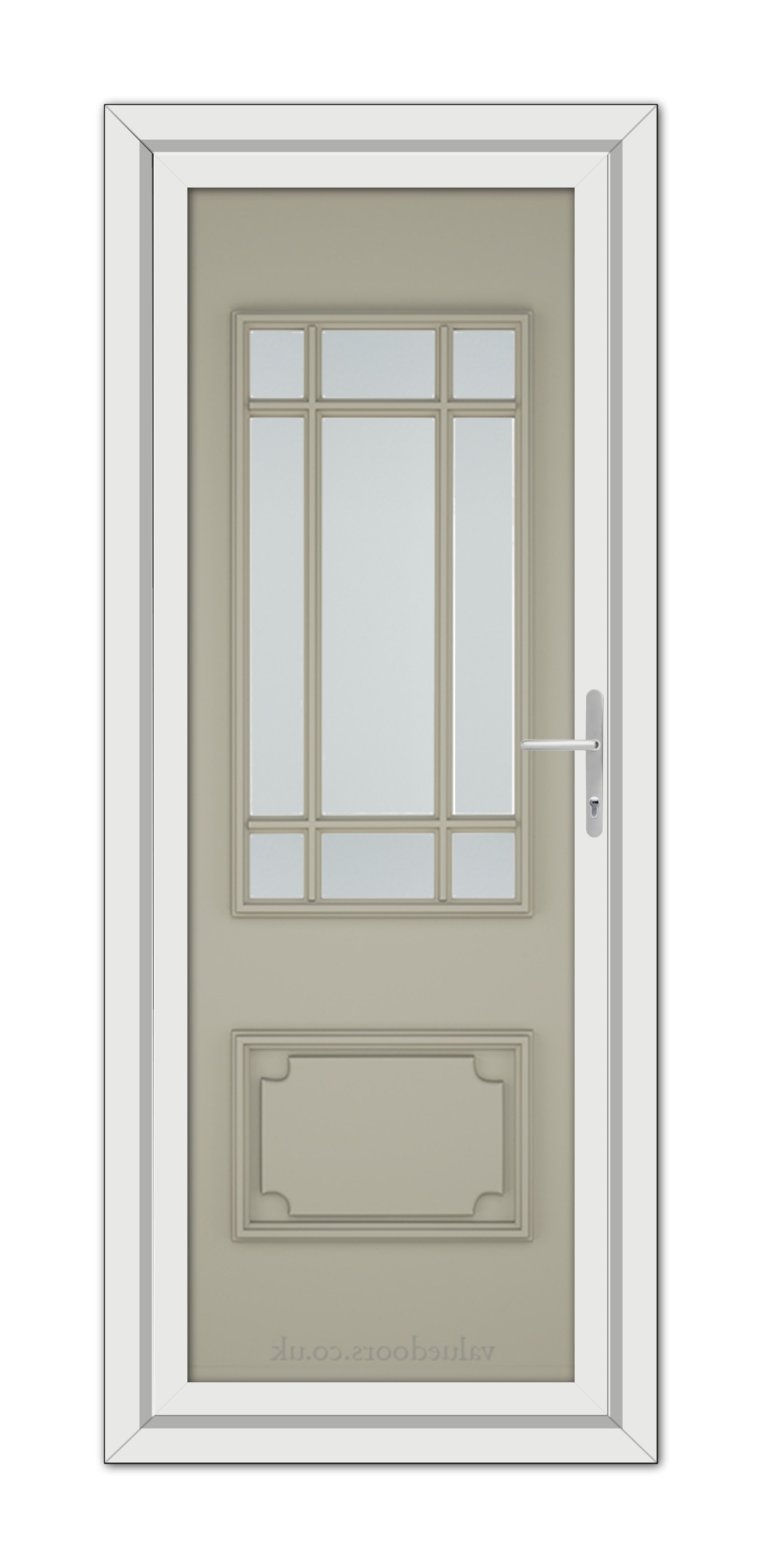 A modern Pebble Grey Seville uPVC door with a window composed of nine panes, equipped with a white handle, set within a white frame.
