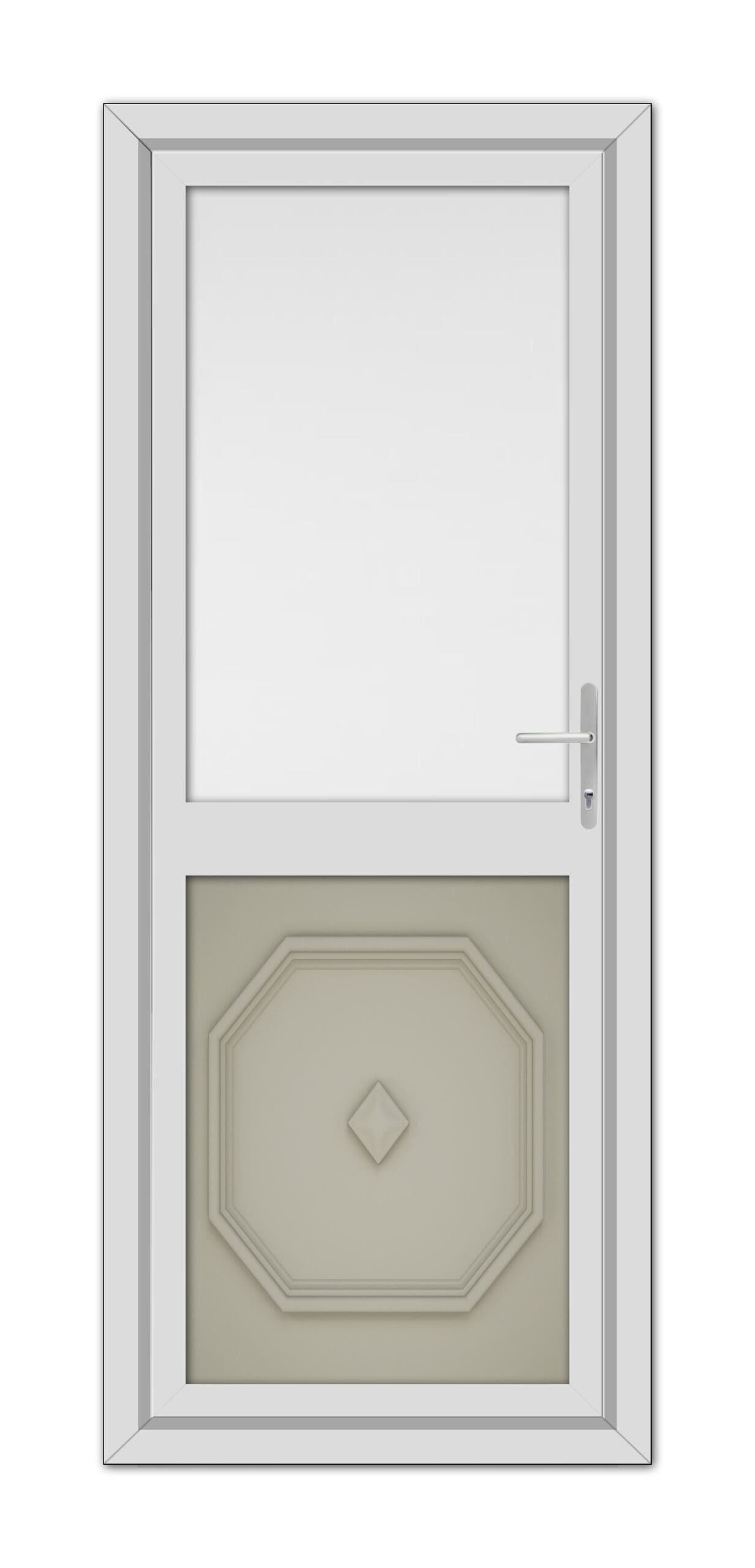 A modern Pebble Grey Westminster Half uPVC Back Door featuring a simple rectangle window at the top and an ornate octagonal panel at the bottom, complete with a metal handle on the right.