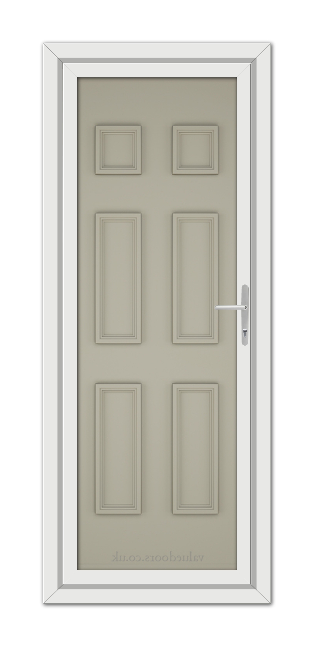 A vertical image of a closed Pebble Grey Windsor Solid uPVC Door with six panels and a metallic handle, set within a white frame.
