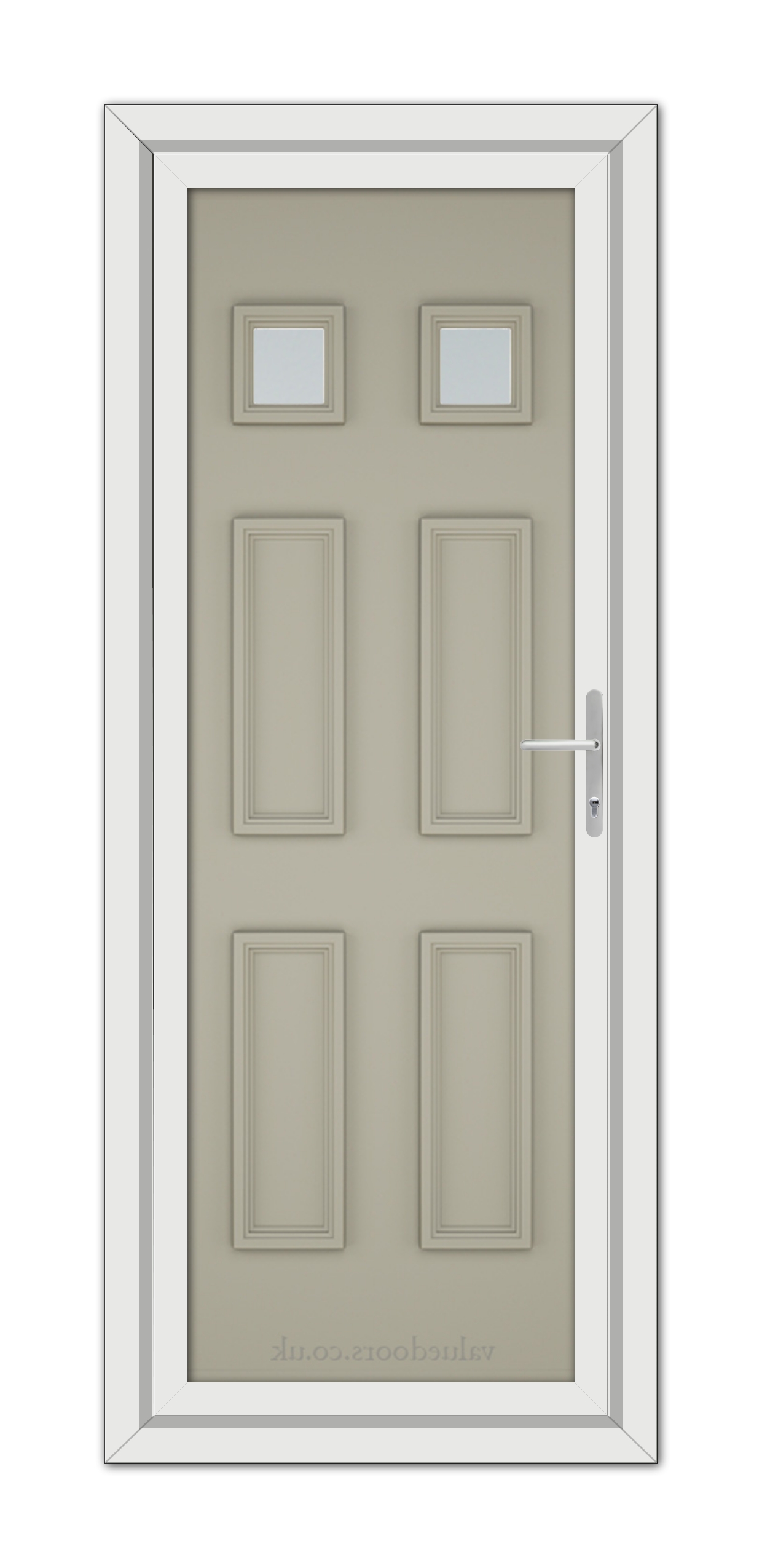 A modern Pebble Grey Windsor uPVC door with six rectangular panels and three small square windows at the top, fitted within a white frame.