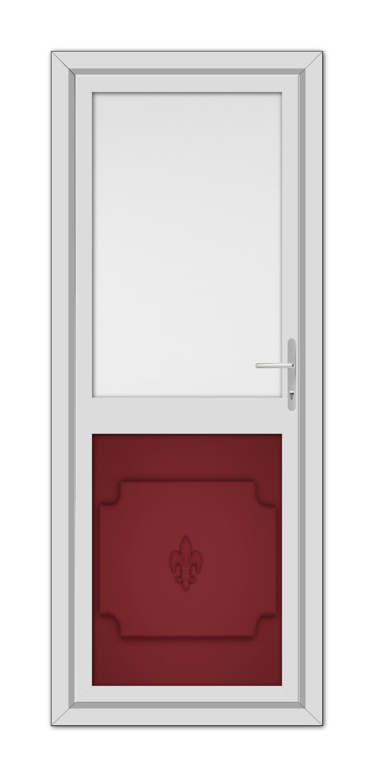 White door with a square glass panel on top and a Red Abbey Half uPVC Back Door with a fleur-de-lis design on the bottom.