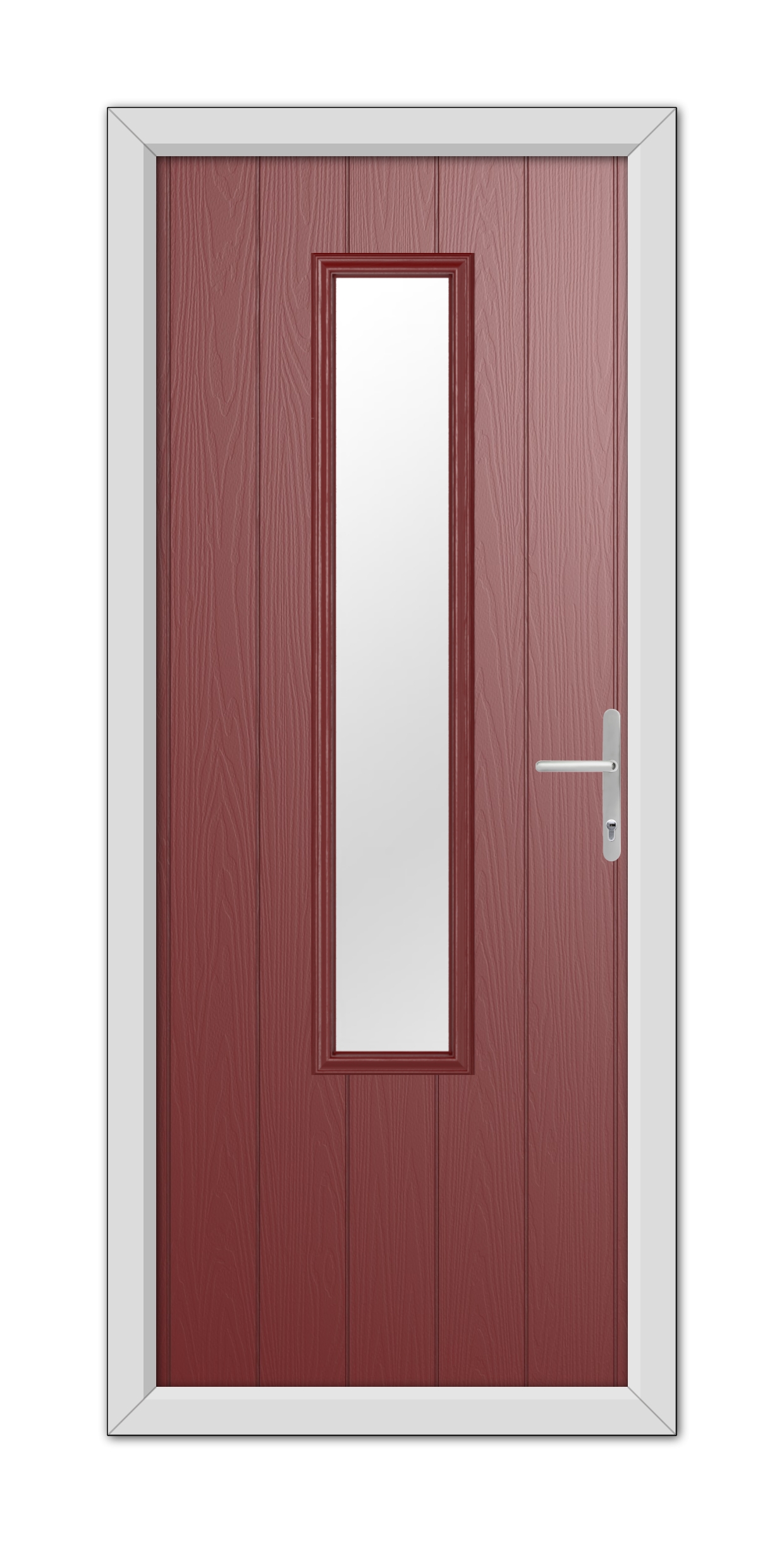 A modern Red Abercorn Composite Door 48mm Timber Core featuring a vertical, rectangular glass panel in the center and a metallic handle on the right, set within a white frame.