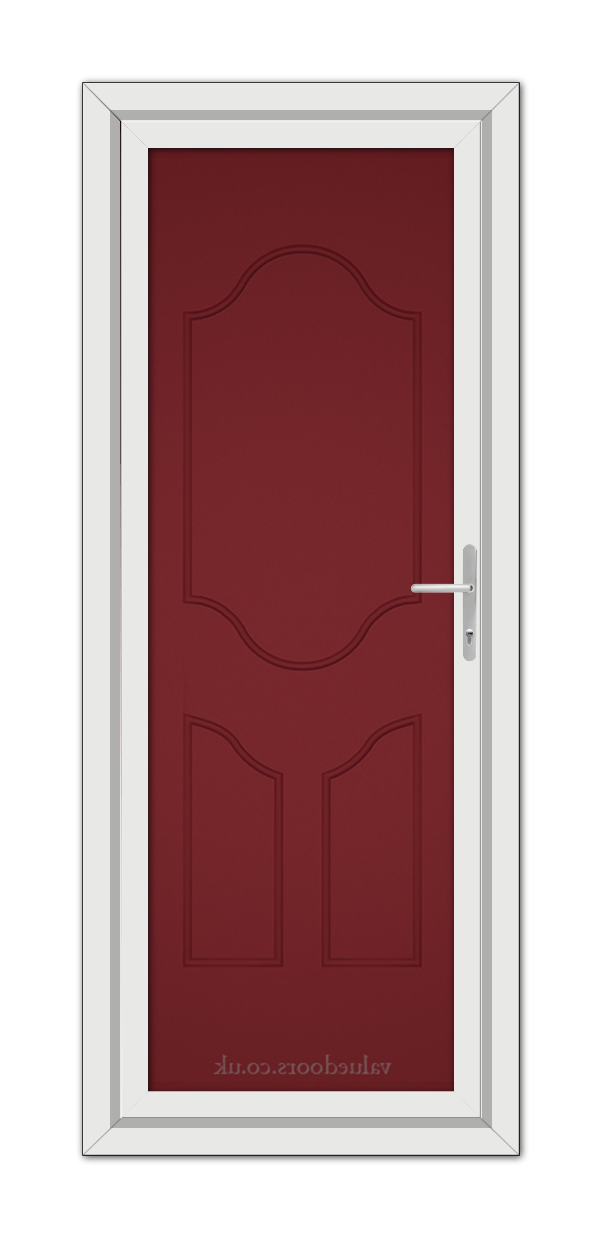 A modern Red Althorpe Solid uPVC Door with a white frame and a silver handle, set in a vertical position.