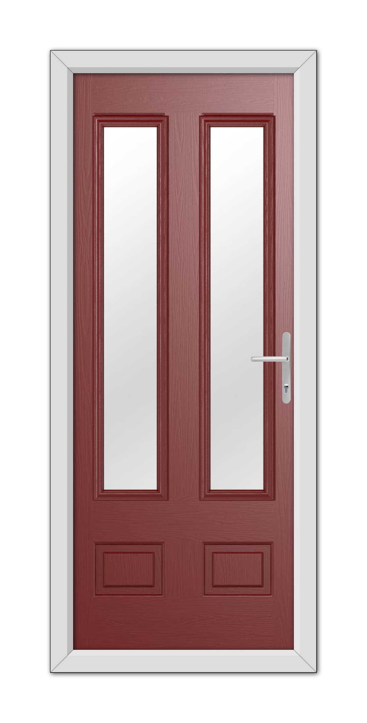 Double wooden doors in a Red Aston Glazed 2 Composite Door 48mm Timber Core finish with vertical glass panels, framed in white.