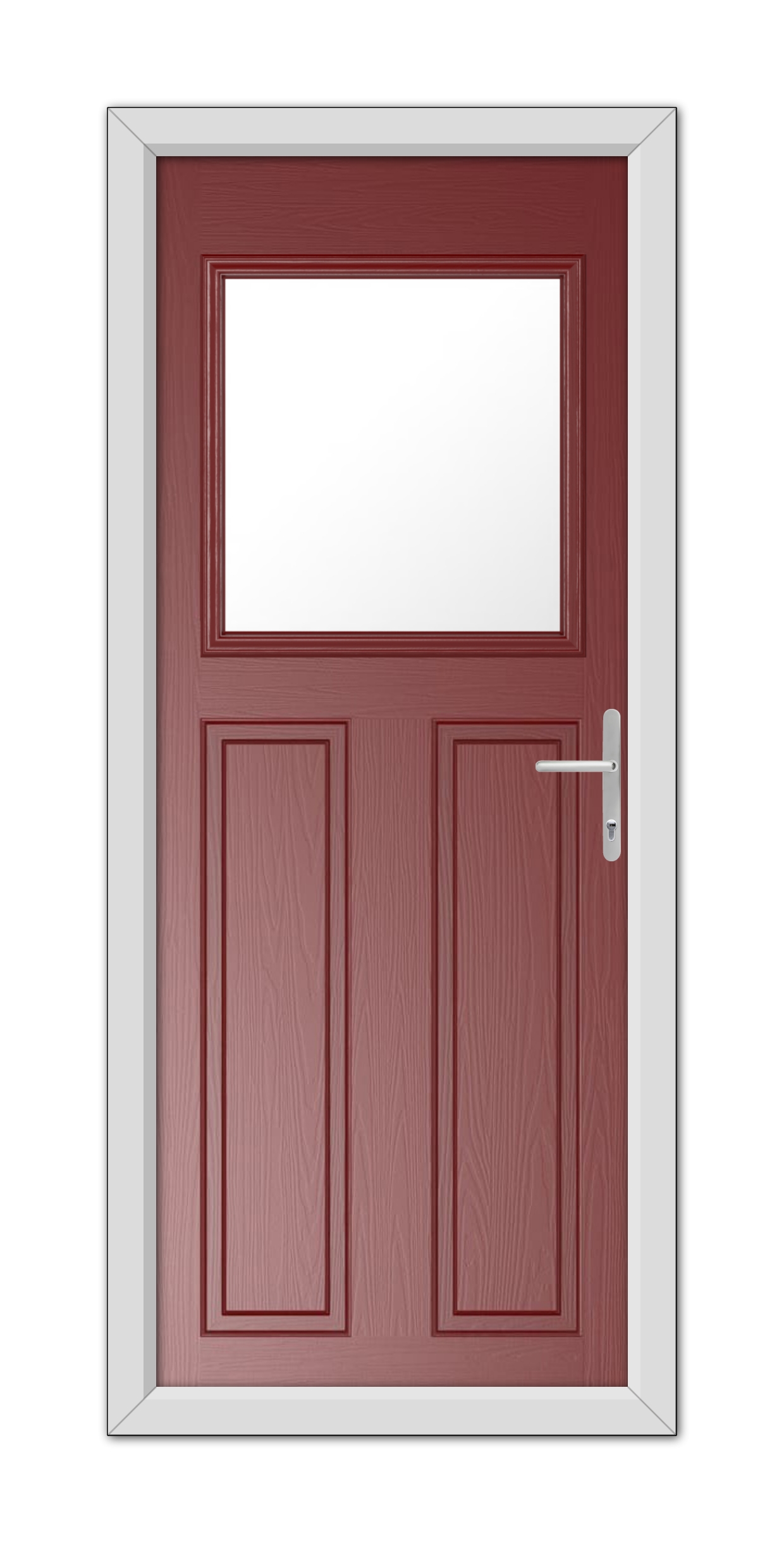A Red Axwell Composite Door 48mm Timber Core with a small rectangular window at the top, set in a white frame, featuring a silver handle on the right side.