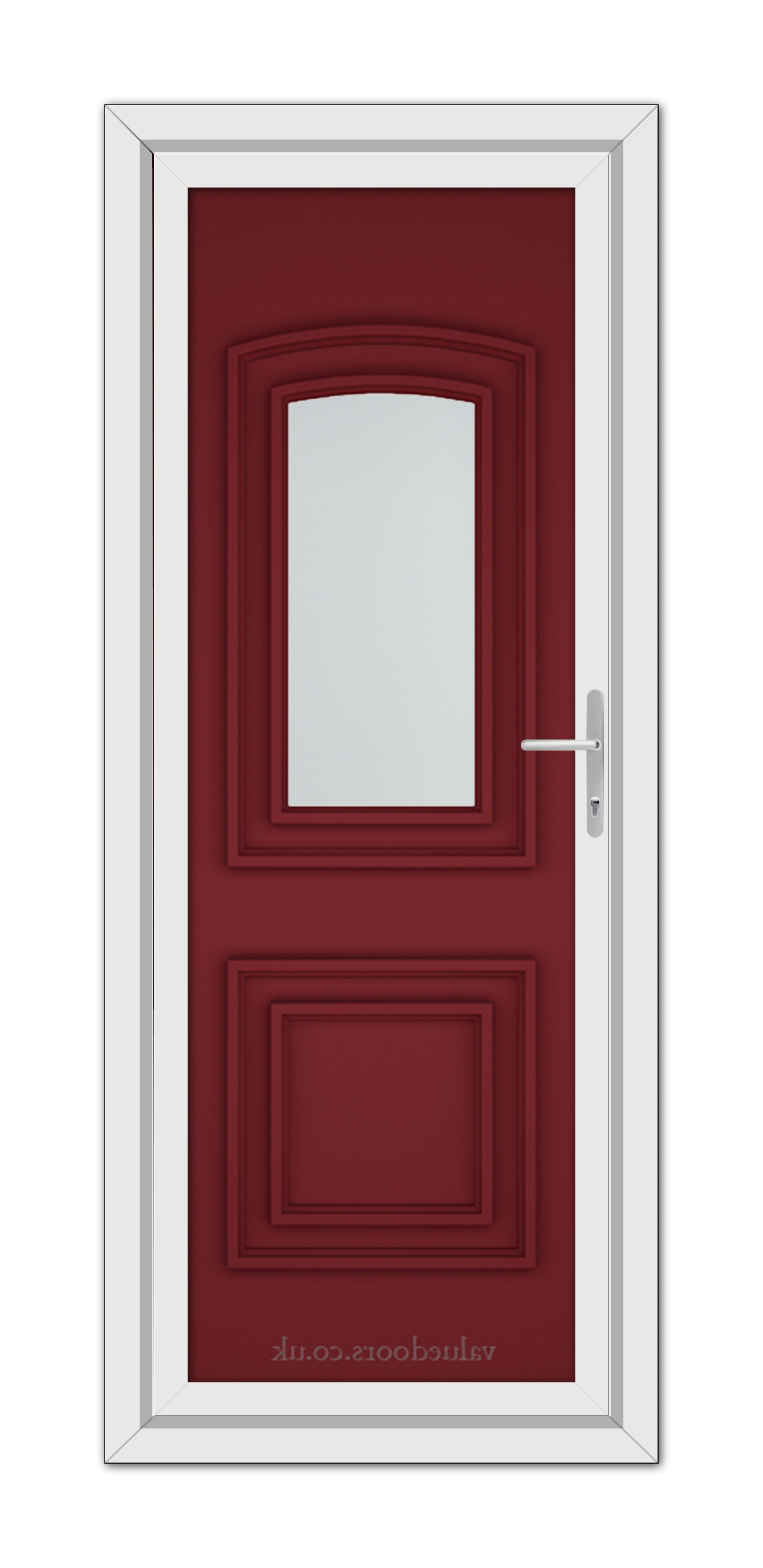 A vertical image of a closed modern Red Balmoral One uPVC door with a white frame, featuring a narrow vertical window and a metal handle.