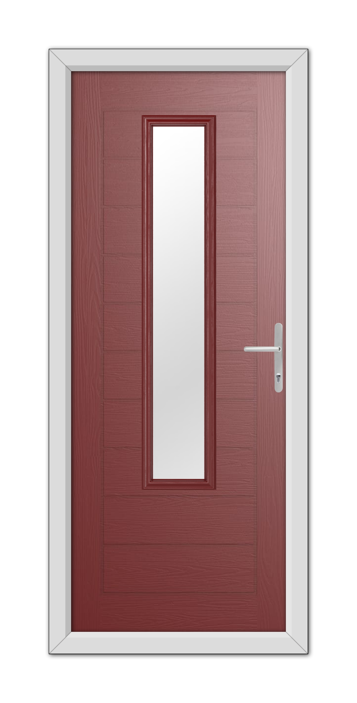 Red Bedford Composite Door 48mm Timber Core with a vertical, rectangular window and a white handle, set in a white frame.