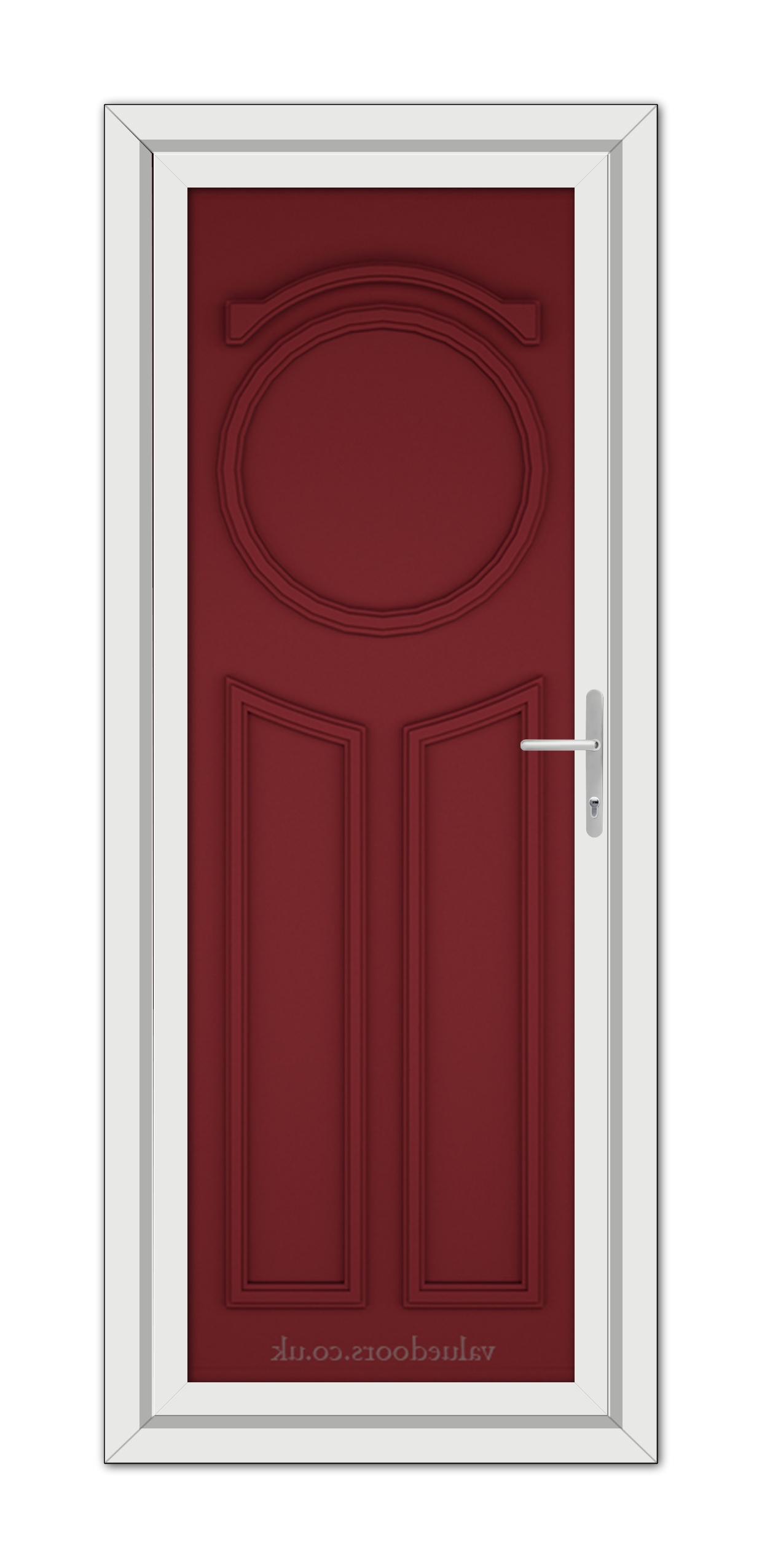 A vertical image of a Red Blenheim Solid uPVC Door with an oval window at the top and a metallic handle on the right, set within a white frame.