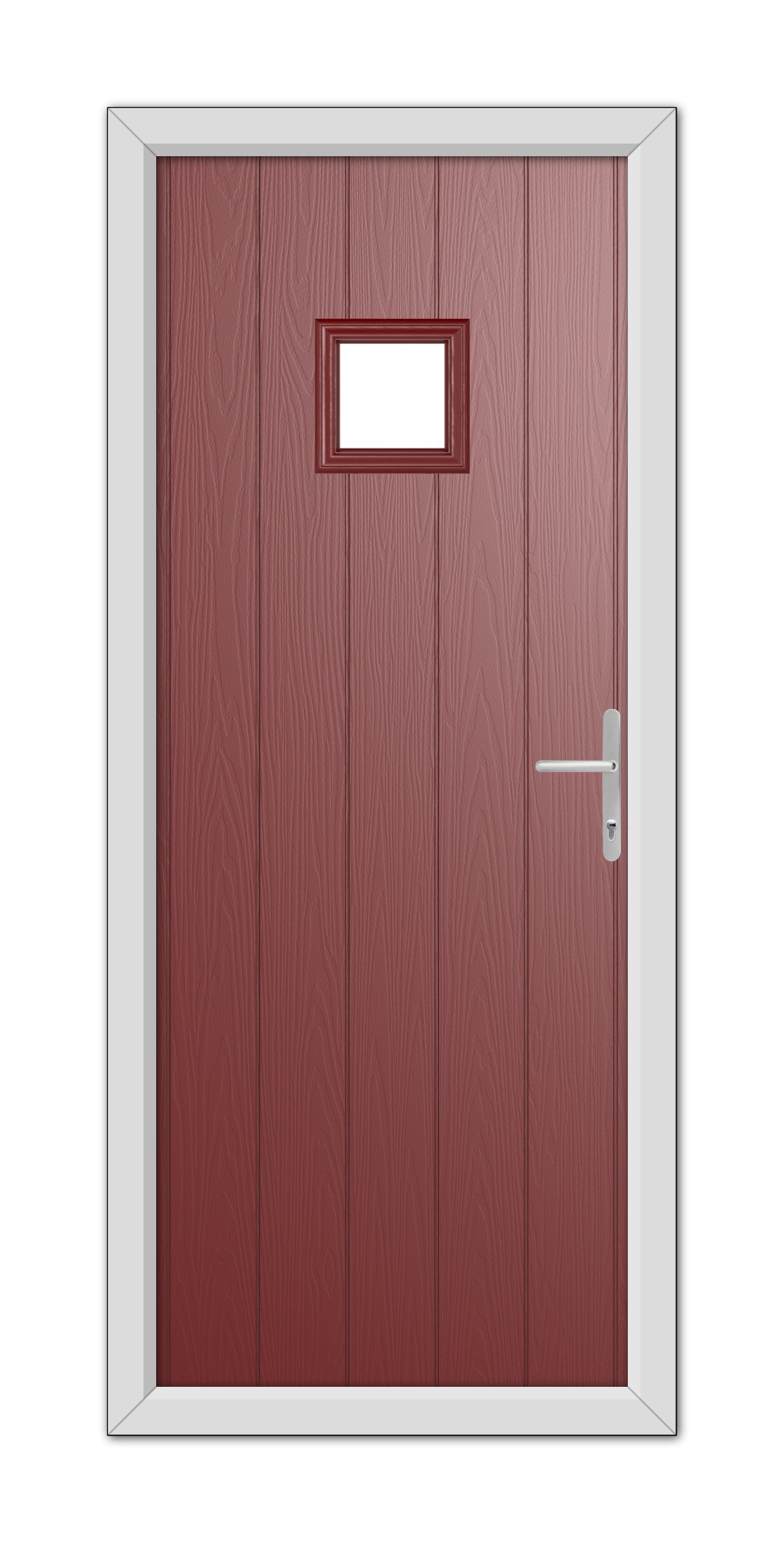 A Red Brampton Composite Door 48mm Timber Core with a small rectangular window at the top and a modern white handle, set within a white door frame.