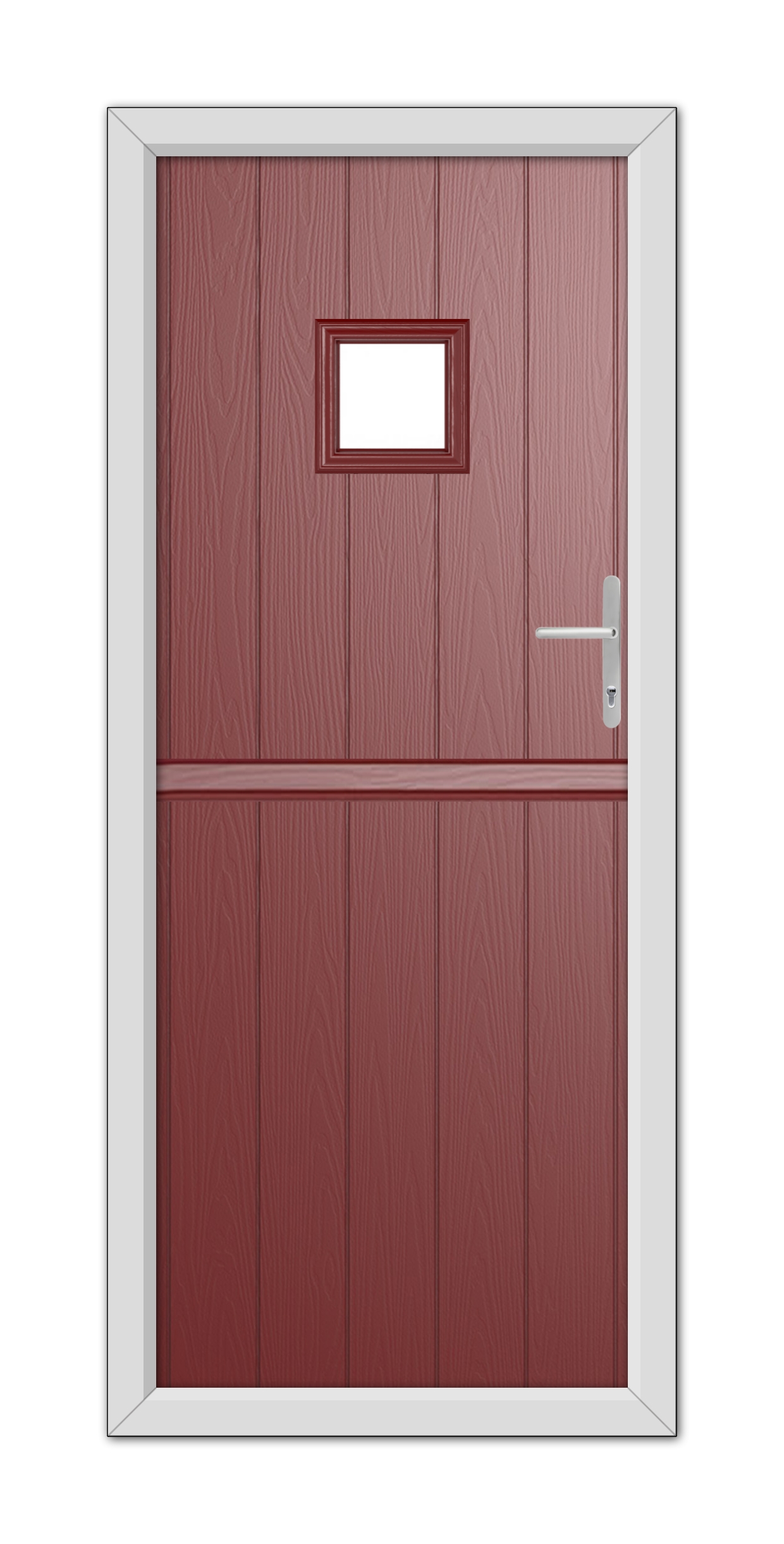 A modern Red Brampton Stable Composite Door 48mm Timber Core with a small rectangular window, set within a white frame, featuring a metallic handle on the right side.