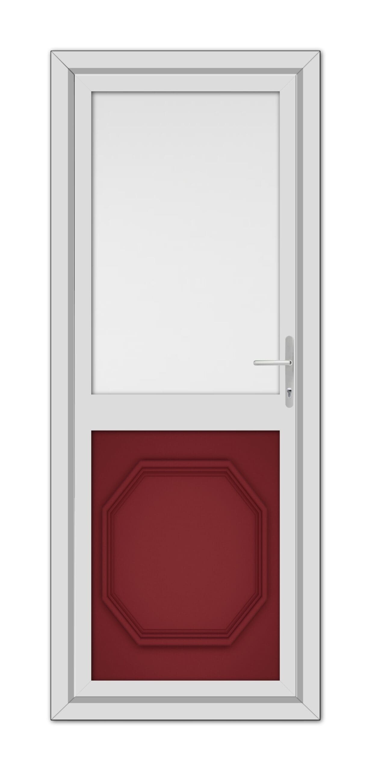 A modern door with a white frame and a Red Buckingham Half uPVC Back Door featuring an octagonal design, plus a small upper window and a handle on the right.