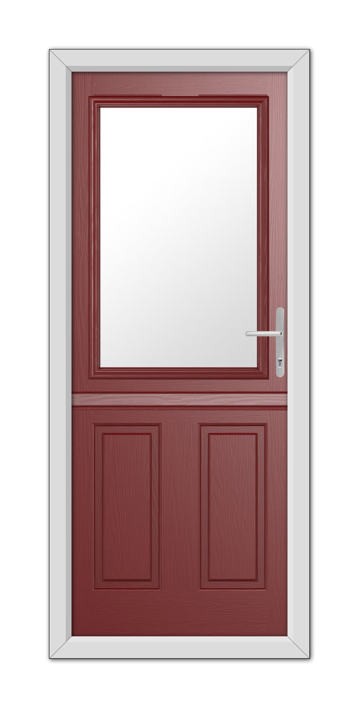 Red Buxton Stable Composite Door 48mm Timber Core with a large square window, white frame and handle, isolated on a white background.