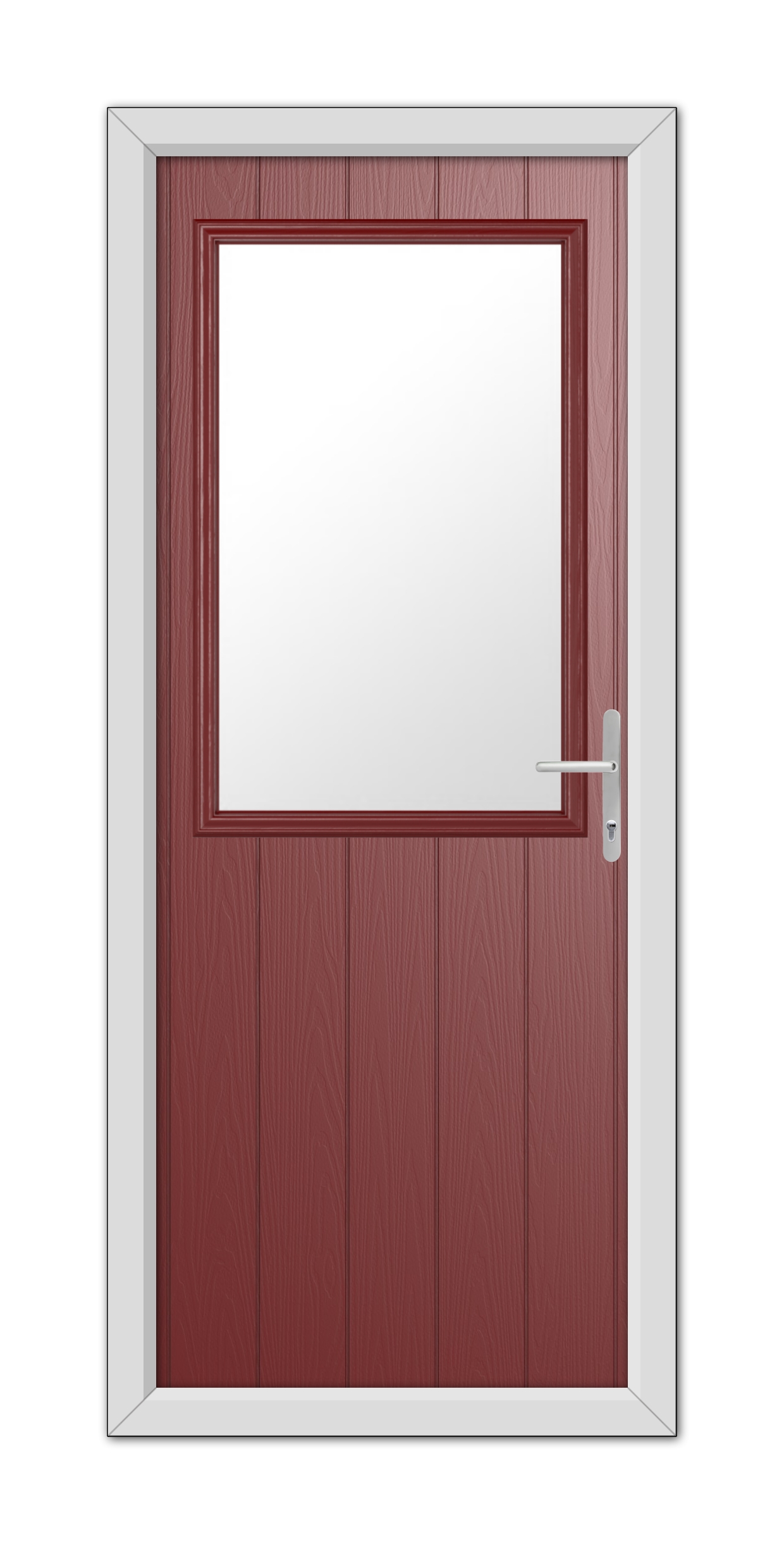 A Red Clifton Composite Door 48mm Timber Core with a white frame, featuring a square window and a handle on the right side.