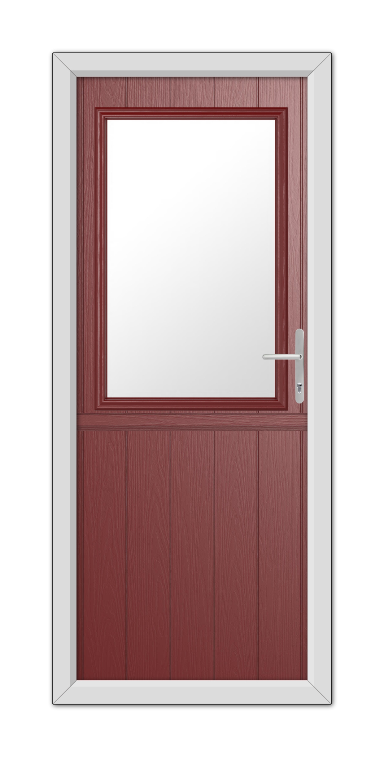 A modern Red Clifton Stable Composite Door 48mm Timber Core with a large glass panel on top, a solid wood lower half, and a white metal handle, set in a white frame.