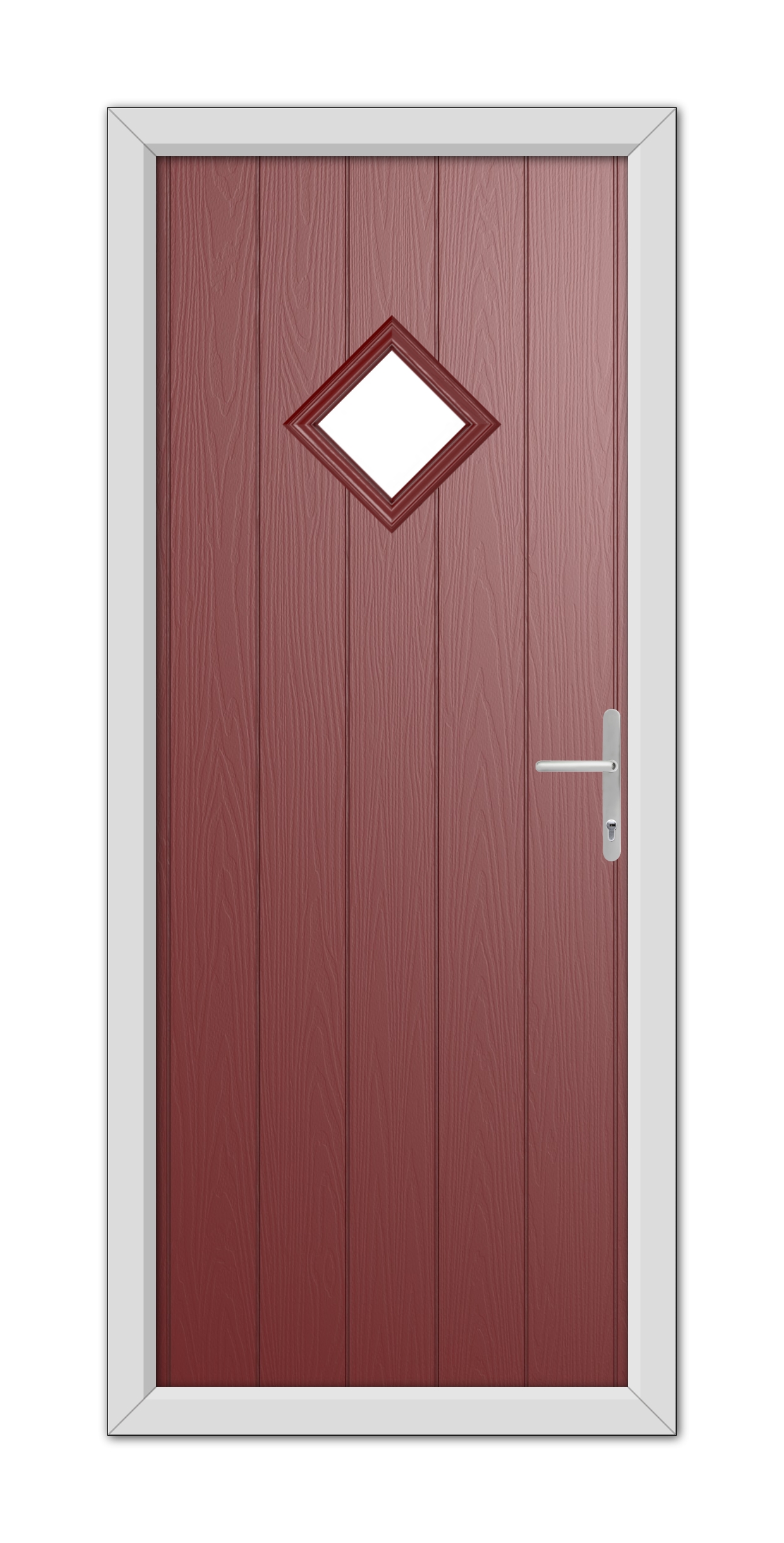 Red Cornwall Composite Door 48mm Timber Core with a diamond-shaped window and a modern handle, framed by a white doorframe.