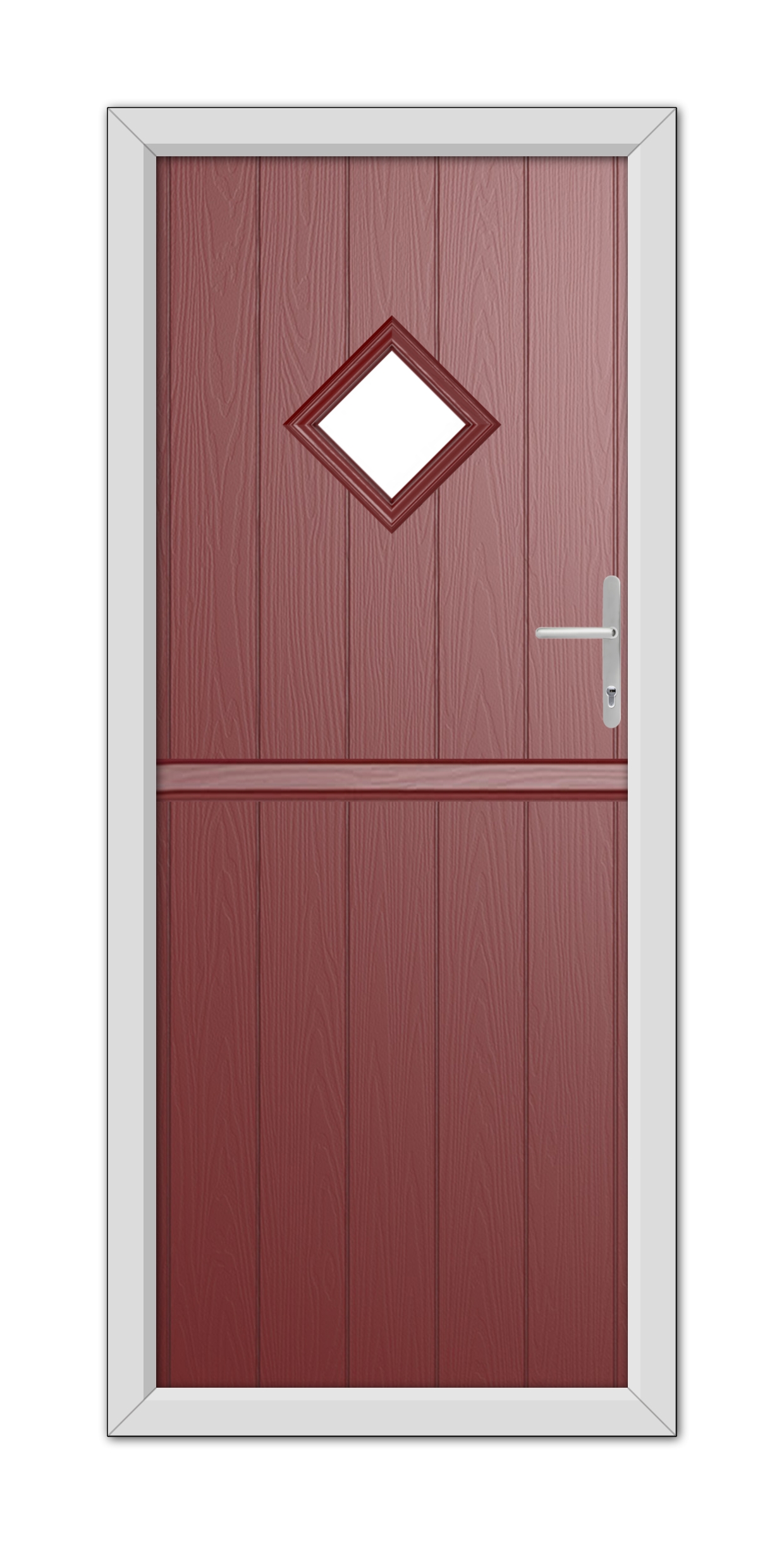 A modern Red Cornwall Stable Composite Door 48mm Timber Core with a diamond-shaped window and a silver handle, set in a white frame.