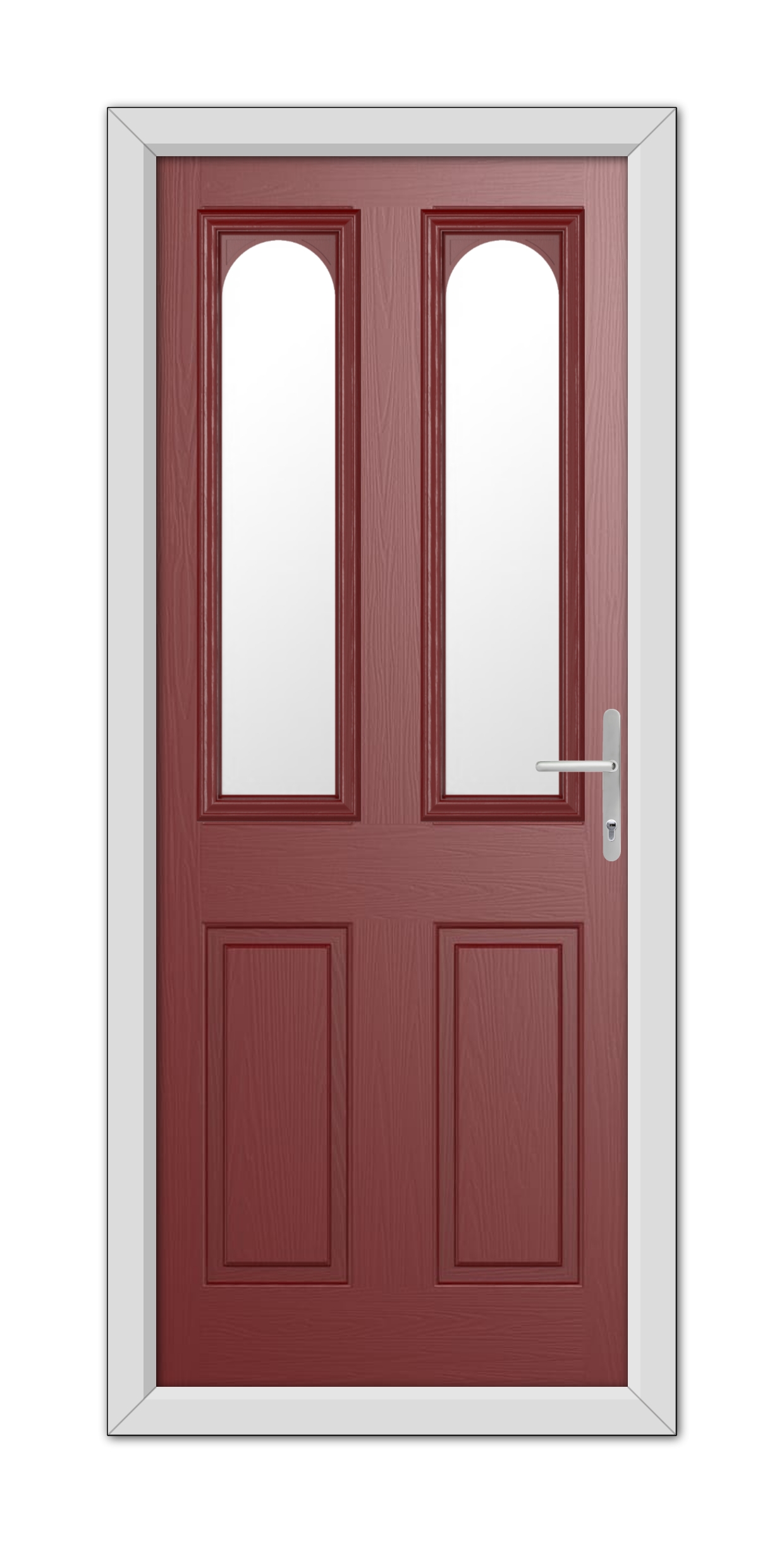 Red Elmhurst Composite Door 48mm Timber Core with white frames, featuring upper half glass windows and modern handles.