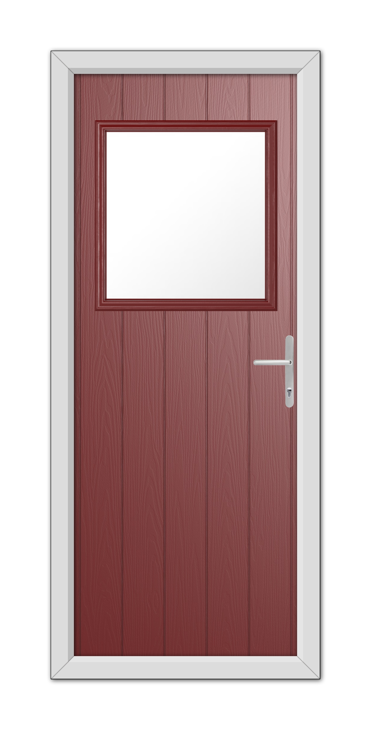 A modern Red Fife Composite Door 48mm Timber Core with a small rectangular window and a white metal handle, framed in white.