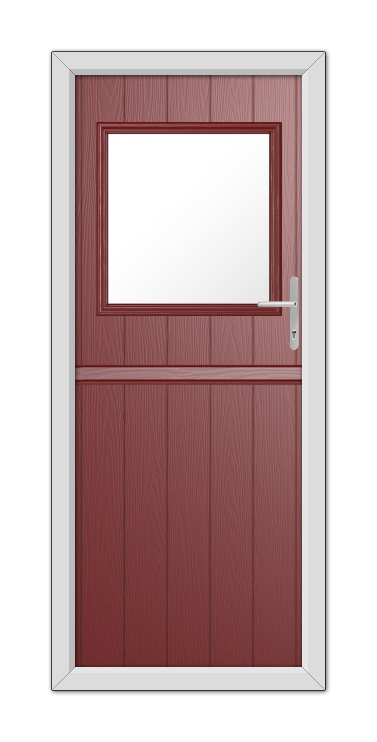 A Red Fife Stable Composite Door 48mm Timber Core with a rectangular window at the top and a white handle on the right, set in a white frame.