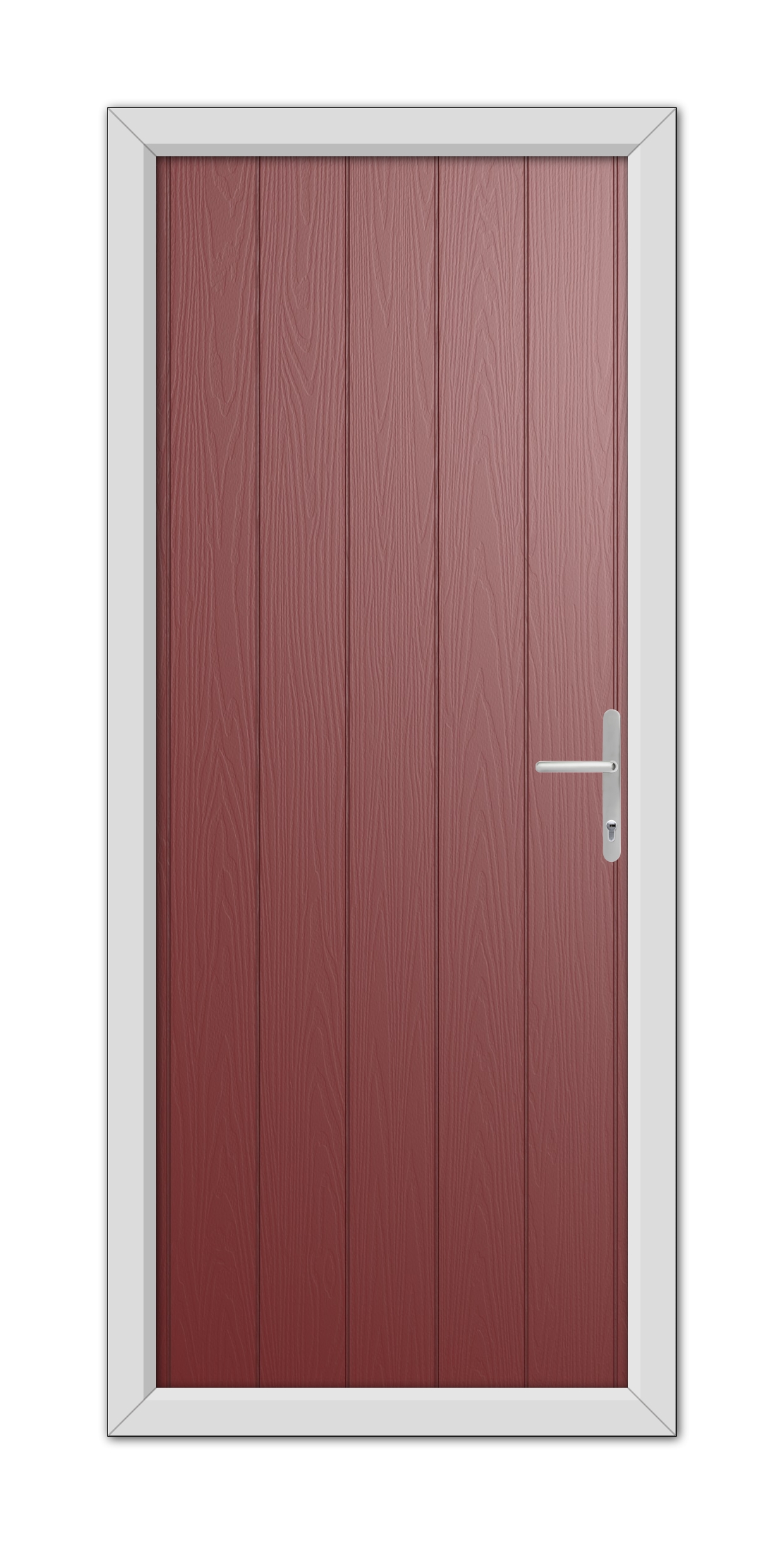 A red Gloucester Composite Door 48mm Timber Core with vertical paneling, featuring a silver handle on the right, set within a white door frame.