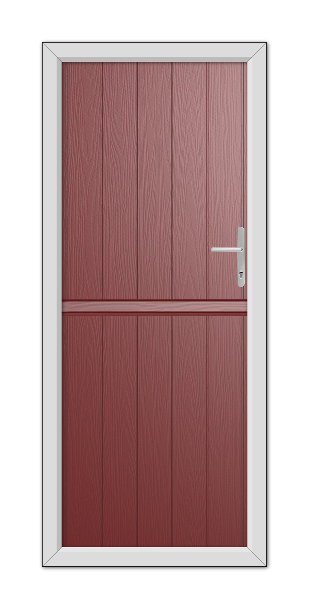 A digital illustration of a Red Gloucester Stable Composite Door with a horizontal division, framed in white, featuring a silver handle on the right side.