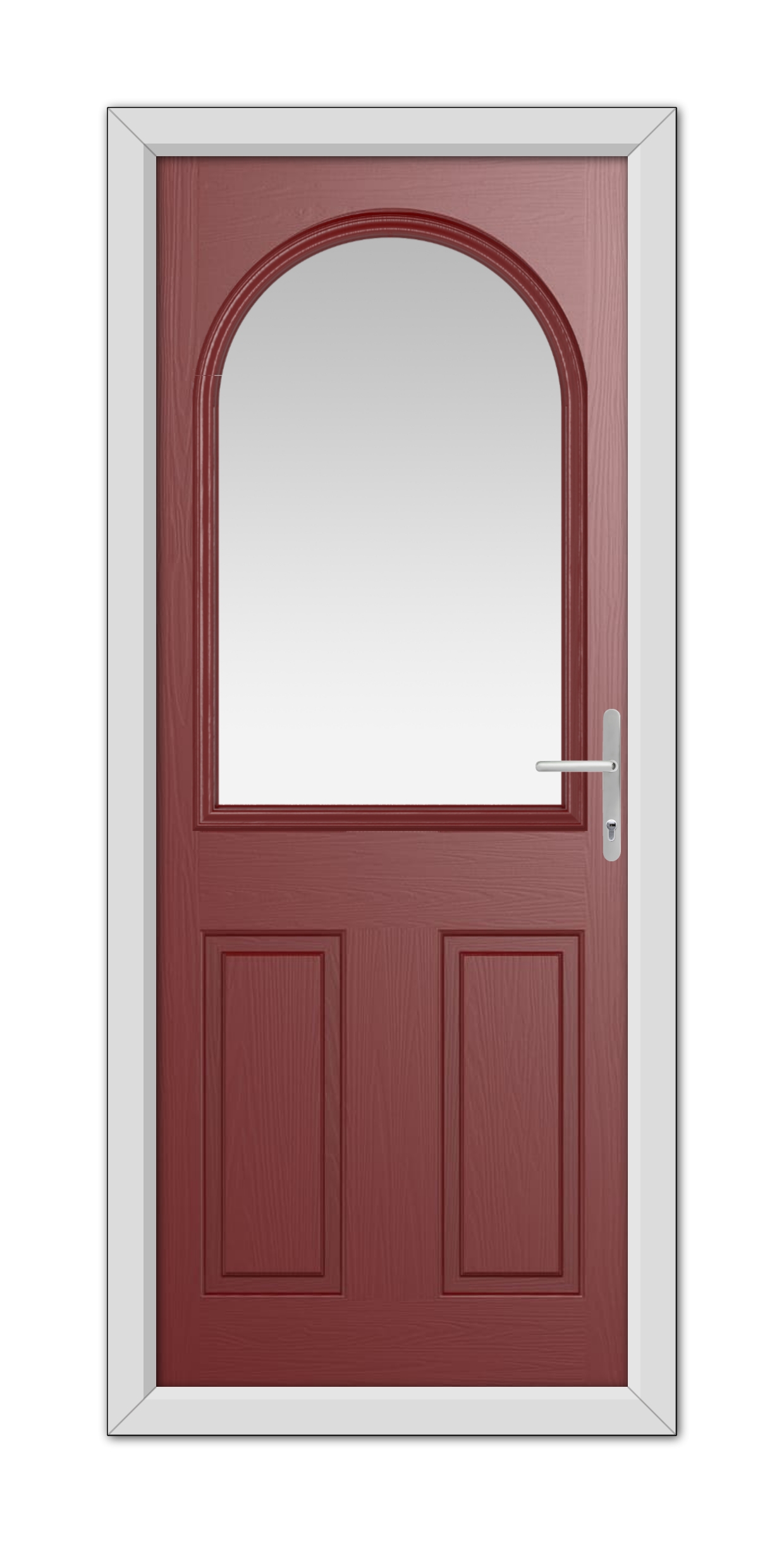 A Red Grafton Composite Door 48mm Timber Core with an arched window at the top, featuring a white frame and a metal handle, isolated on a white background.