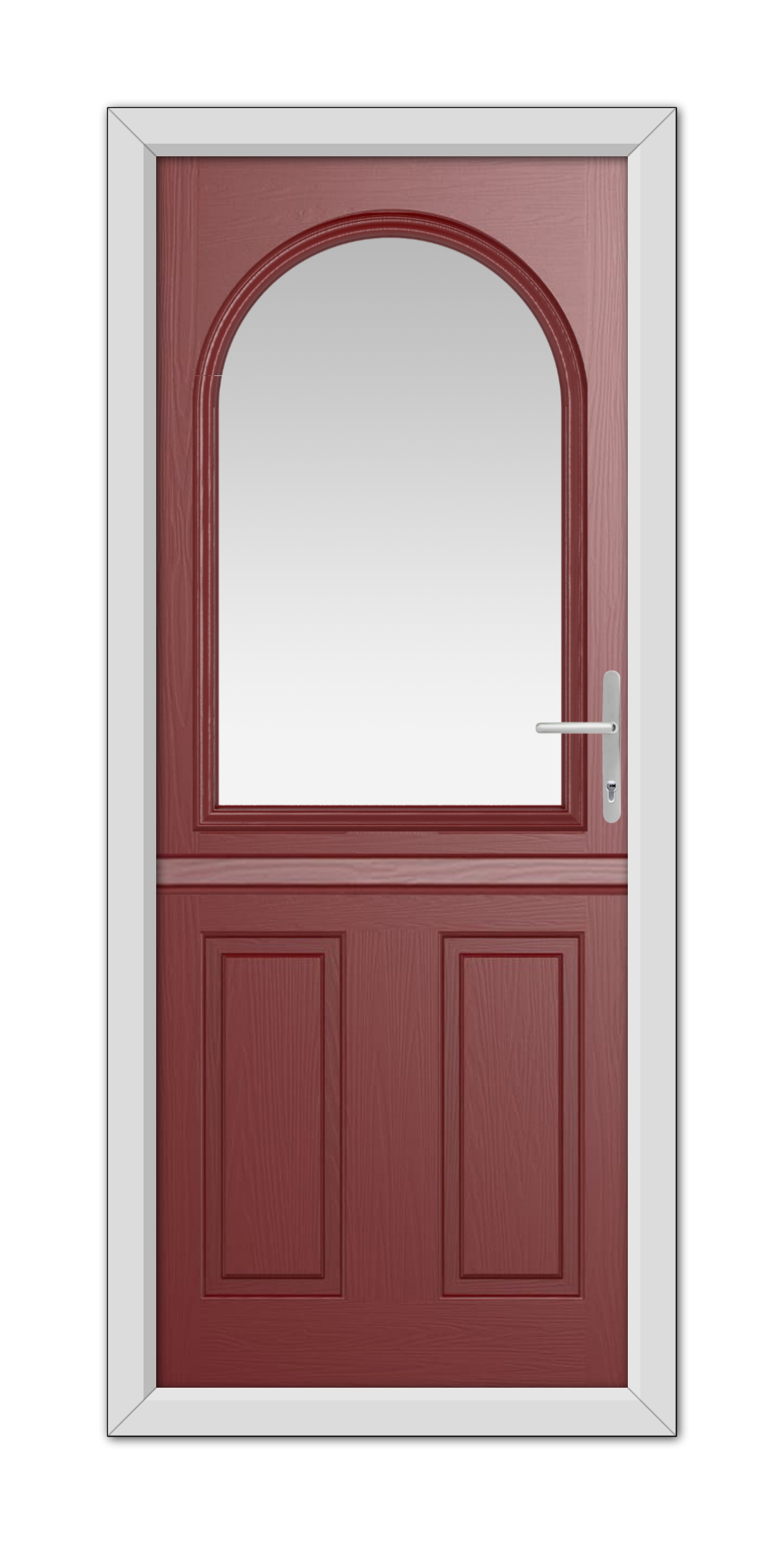 A Red Grafton Stable Composite Door 48mm Timber Core with an arched window at the top, featuring a white frame and handle, isolated on a white background.