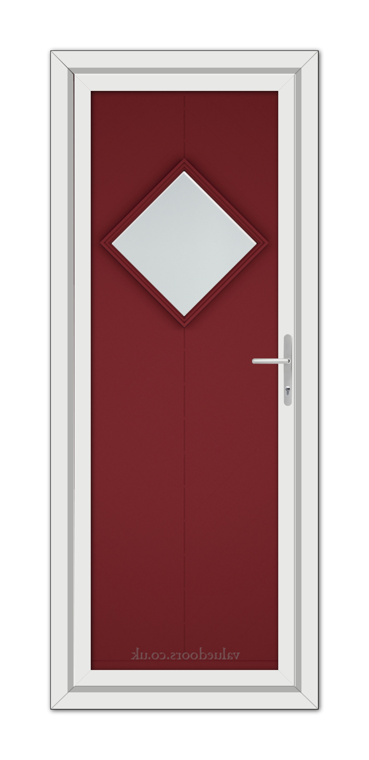 A modern Red Hamburg uPVC Door featuring a white diamond-shaped window, framed in white, with a silver handle on the right side.