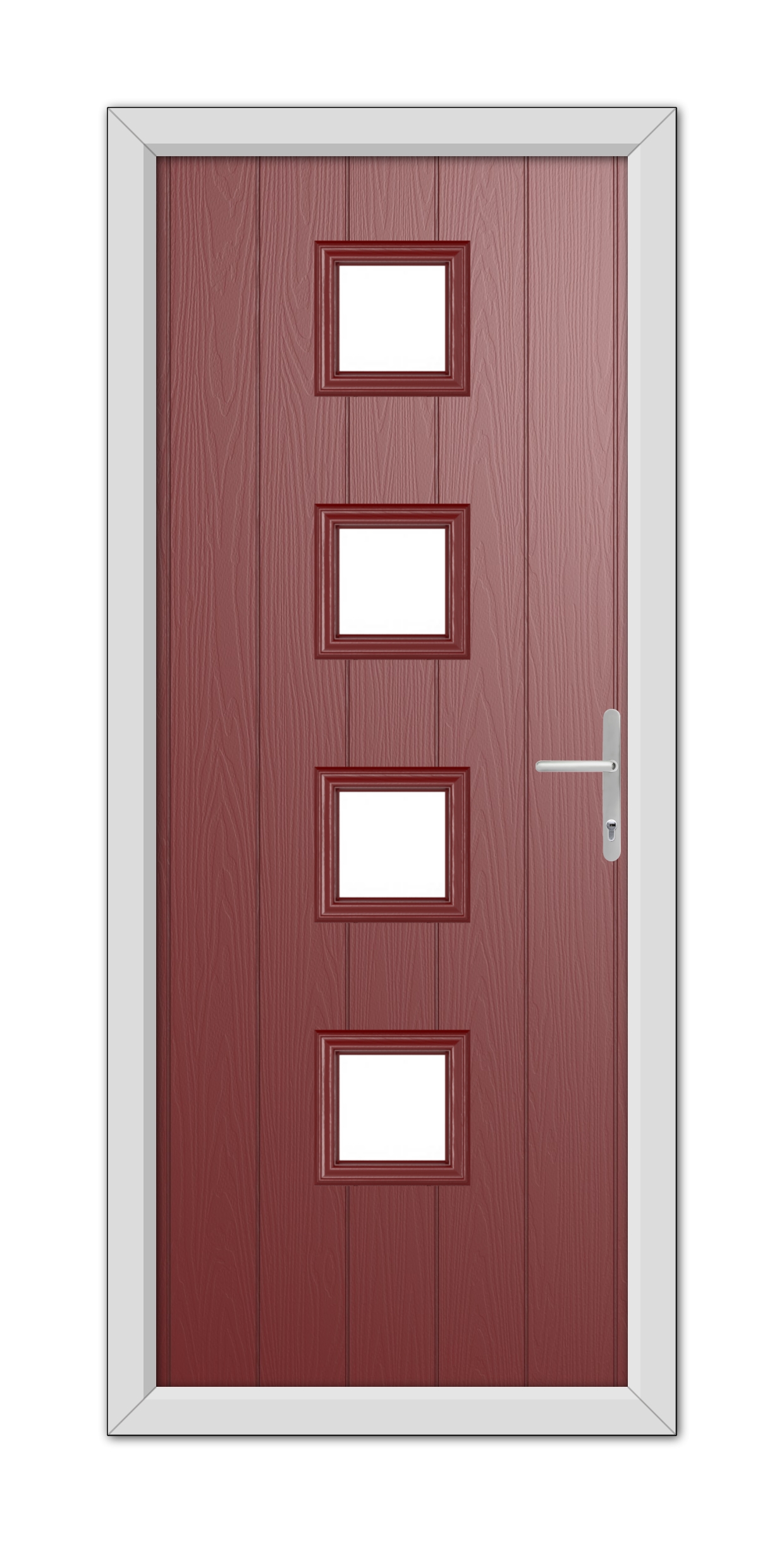 A modern Red Hamilton Composite Door 48mm Timber Core with four rectangular windows and a silver handle, set in a white frame.
