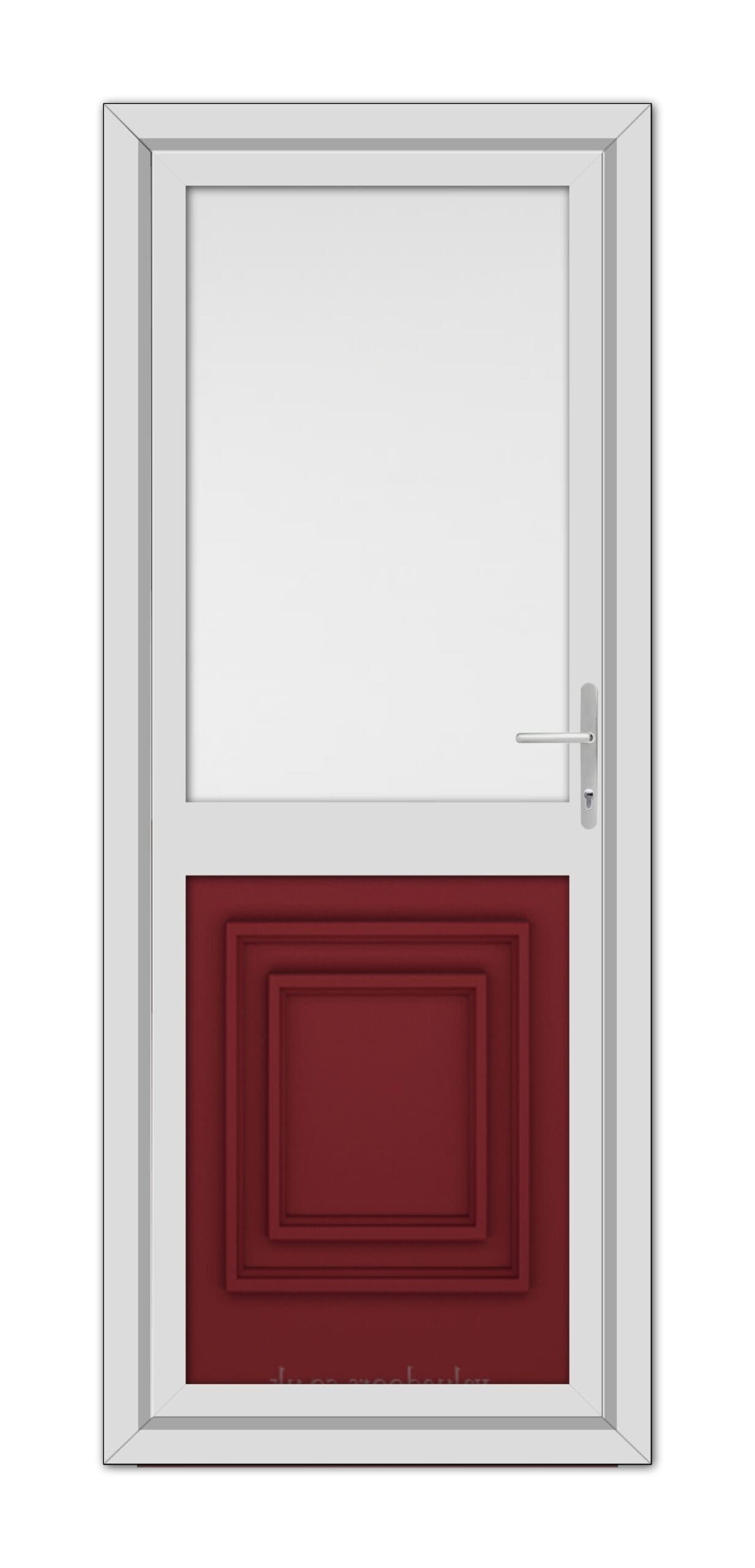 A modern Red Hannover Half uPVC Back Door with a white frame and a large red panel at the bottom, featuring a smaller window at the top and a metal handle on the right side.