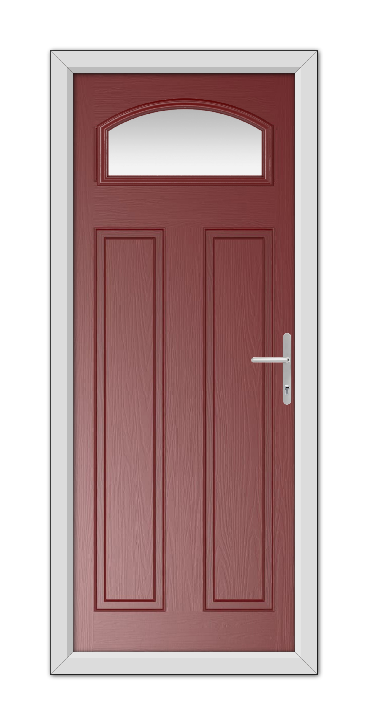 A Red Harlington Composite Door 48mm Timber Core with a semi-circular window at the top and a white handle, set in a white frame.