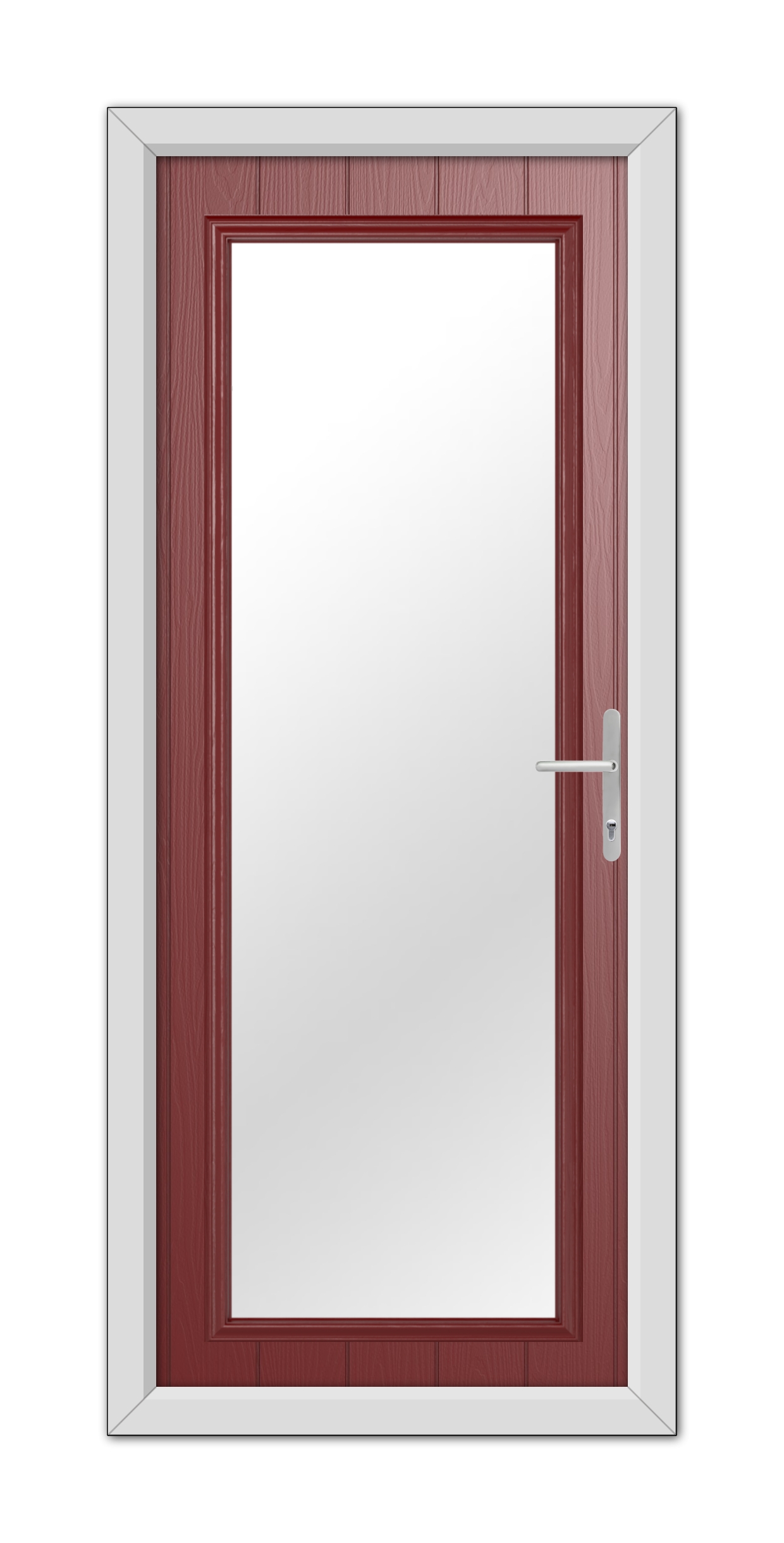 Closed Red Hatton Composite Door 48mm Timber Core with a white handle, set in a white frame, against a plain white background.