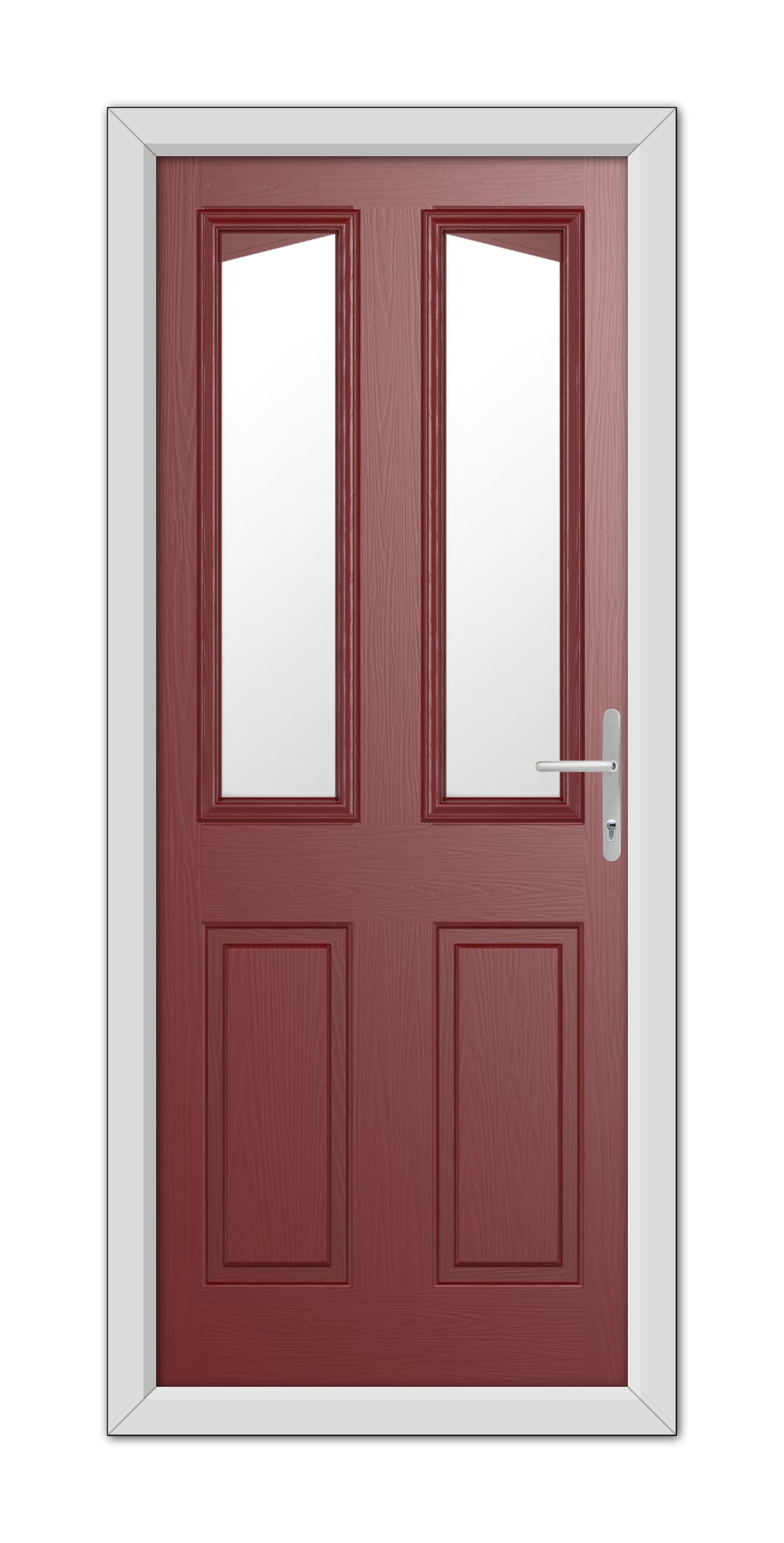 Red Highbury Composite Door 48mm Timber Core with white trim, featuring rectangular windows at the top and a silver handle on the right.